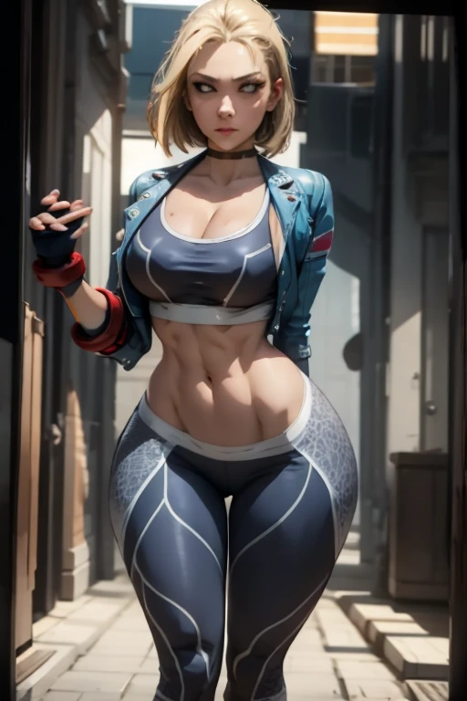 Realistic Rendering, Excellent, (1girl), (Left Face Scar), (28 years old, Sexy Mature), (Vest Line, Slim Waist, Fitness Figure), (Blue Jacket), (Yoga Pants), (Buttocks), ((Big Blue Eyes, Long Eyelashes)), ((Pout)), ((Firm Nose)), Detailed Face, Best Light, Best Shadow, Edge Light, in London, Ray Tracing, Unreal Engine 5, ((Cammy white, Street Fighter 6, game CG character)), Beautiful shiny hair, (((dark gray tights))), looking on viewer, walking down hallway of hideaway, beautiful face, makeup, (photorealism:1.2), ultrarealistic uhd face, (huge fake boobs:1.4), (gigantic breasts:1.1) nipple slip, (muscle abs), (wide hips), (thick thighs), slim waist, hourglass figure, voluptuous, shiny body, ((she is wet)), (((cum_on_breast))), photorealistic, bokeh, masterpiece, highres, 1080P, UHD.