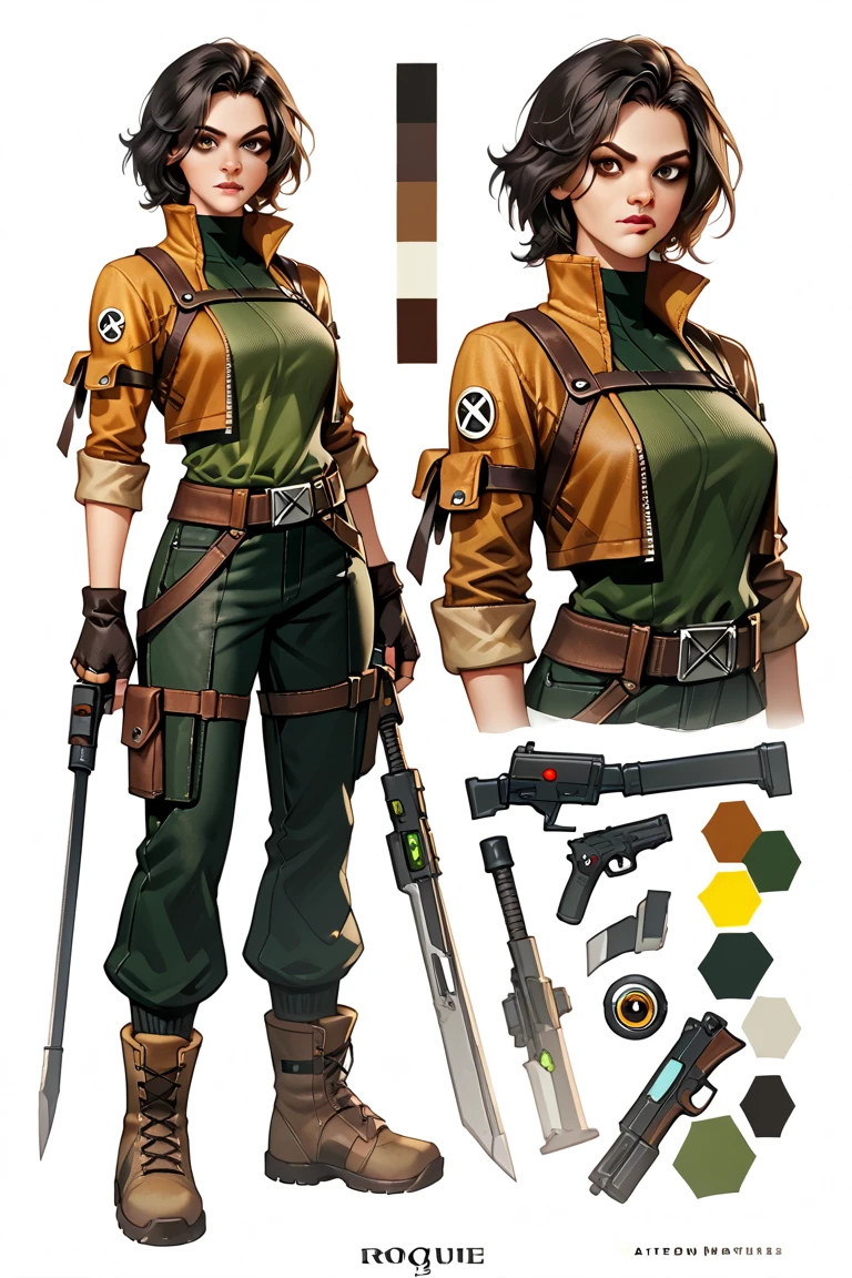 front view, side view, back view, different poses of female KarolinaDemy as apocalypse mercenary, masterpiece, best quality, detailed face, toned, military gear, boots, belt, laces, strings, ((snakeskin pants)), video game character design, character artwork, video game character art, official concept art, ( ( character concept art ) ), high quality character design, character art the contra, full character concept art