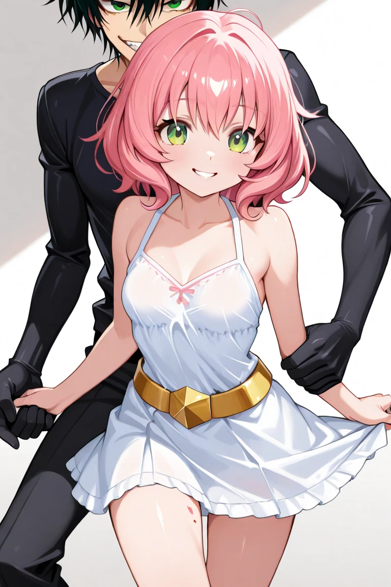 Girl with pink hair, long double-tailed hairstyle (small pink bushy eyebrows), dressed in gothic lolita clothes, lolicon (Zankuro) drawing style by zankuro artist, Zancro style, image uploaded to R34, (in a church full of people), flirtatious smile, suddenly having sex in public, ((flirty smile, drooling)) hands on belly,( begging for sex), wearing a wedding dress