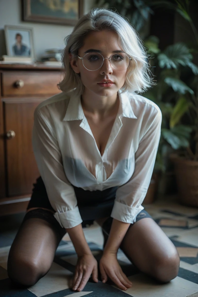 Hyperealistic milf woman in her 50years, , spreading her legs , glasses and neck tie in black and white dessouse, showing also her pants zoom in her face