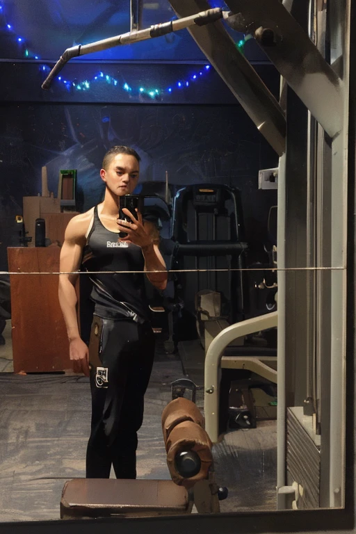 1 man sitting on a bench in a gym with a cell phone in his left hand, with abs, handsome face, musculine stocky thighs, fit pic, in a gym, muscular thighs, korean muscle boy, ripped, , muscular stocky beefy, mega muscles, white flawless skin, he is wearing transparent wet black singlet highlighting his big mega pecs, big biceps, muscular thighs, his right has is putting on bench, black leather shin straps around his knees and right wrist, he is taking mirrorfie, gym background, shadow, depth of field, sharpness, detailed and fined quality image, illustration art, sweat wet shiny looking big muscles, hot look