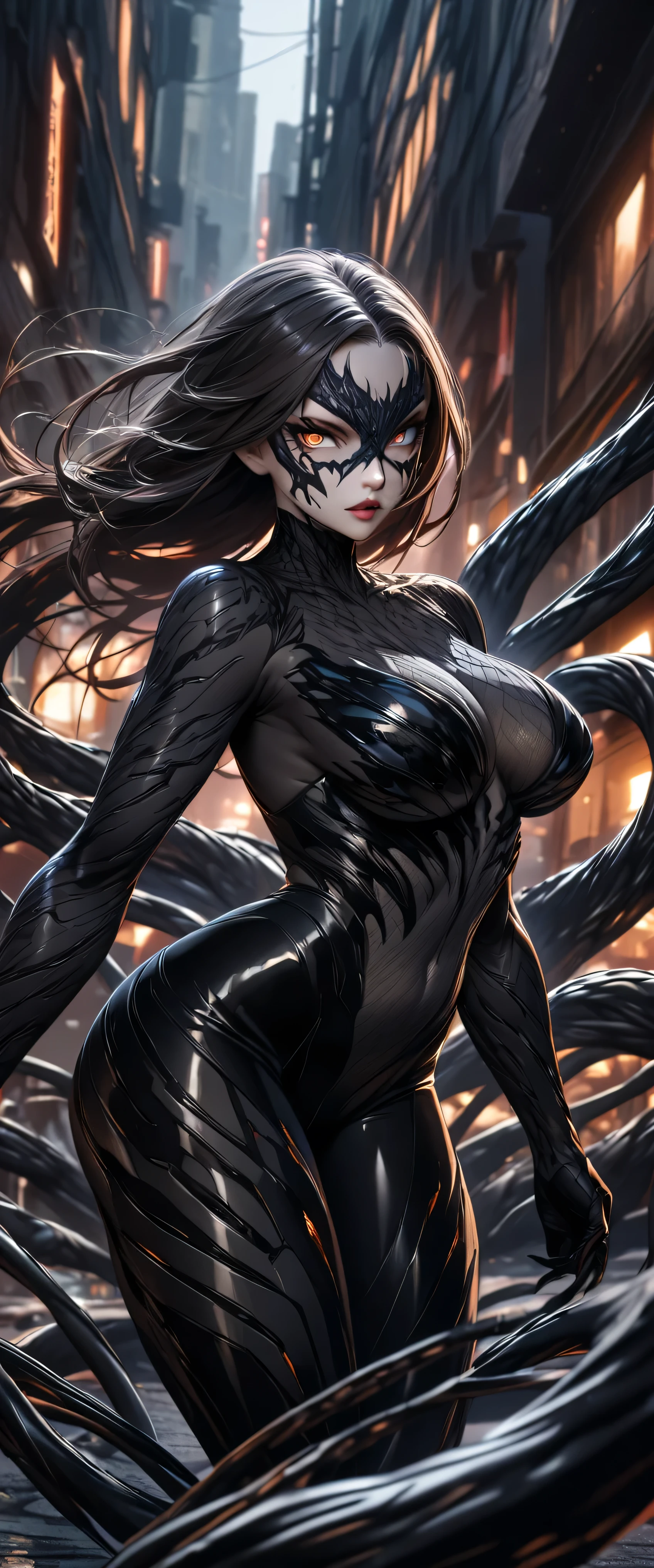 "A highly detailed digital art of a girl wearing a sleek, black Venom-inspired suit. The suit is textured with glossy, alien-like symbiote patterns, covering her entire body like a second skin. Busty, curvy hips, Her face is partially revealed with intense eyes, while the symbiote forms sharp, organic patterns around her. The background is dark with faint city lights, adding an urban and edgy atmosphere. The scene should feel dynamic and intense, capturing a strong, fearless expression on her face."