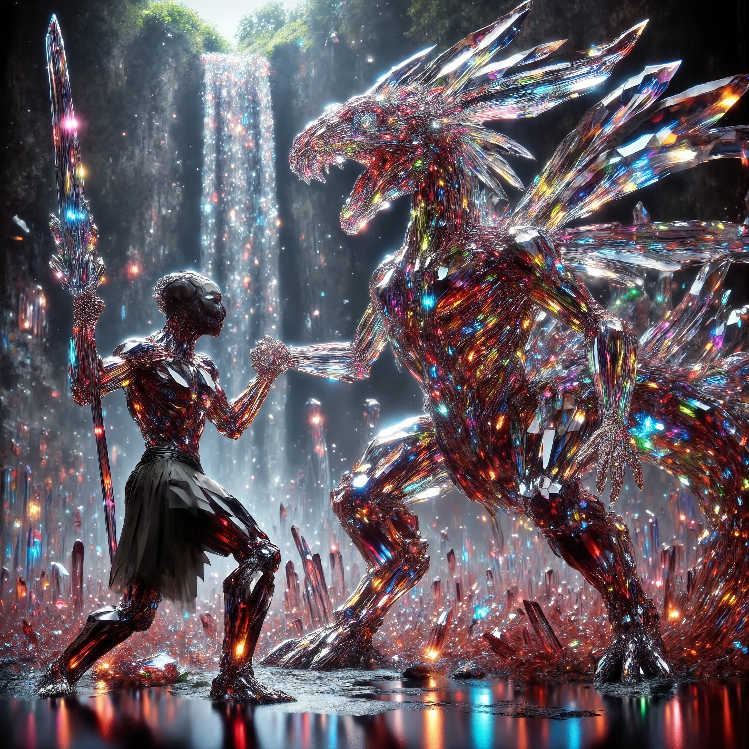 A skeleton of a dinosaur made up of gigantic quartz crystal points that are multicolored translucent pillars in a tropical rainforest. In the middle of these quartz crystals is an incredible gushing cascading waterfall that pours into a beautiful lagoon that is lined with smaller quartz crystals 20 to 40 feet tall. In hues of Pink, Red, Orange, Yellow, Green, Blue, and purple, there are hundreds of quartz crystal formations pointing up in the sunlight in the cliff and protruding from the perimeter of the lagoon. Be sure that they are partially translucent and radiate color in the bright full sunlight. In this Full Sunlight, we see a caveman and a triceratops in a fight to the death in the lagoon. Huge chunks of meat are ripped off by the T Rex, and the Triceratops three horns have caused several large punctures on the T Rex. Both animals wounded the clear lagoon water becomes red and thick with blood. Pieces of stringy meat and blood hang and drip off the caveman's enormous spear. His mouth and head are covered in blood as is the Triceratops head and horns. Attention to detail on the dinosaurs' textured skin and especially the eyes! No red eyes! No glowing eyes! Only real looking irises and pupils! Keep these images real and graphic looking and also disturbingly natural. Anatomical correctness on the dinosaurs. Breathtakingly beautiful, stunning, awe-inspiring images only! 8K Octane, Action Painting, Cinematic, Cinematography, Conceptual Art, Digital Art, Fujicolor, Ultra-realistic Photorealistic, Portrait Photography, Surrealism, Unreal Engine, Sparkle on crystals, Cinematic, Perspective: up close, macro photography, Ultra bloody and gorey, UHD, Super Detailed, Best Quality, Award Winning, Masterpiece.