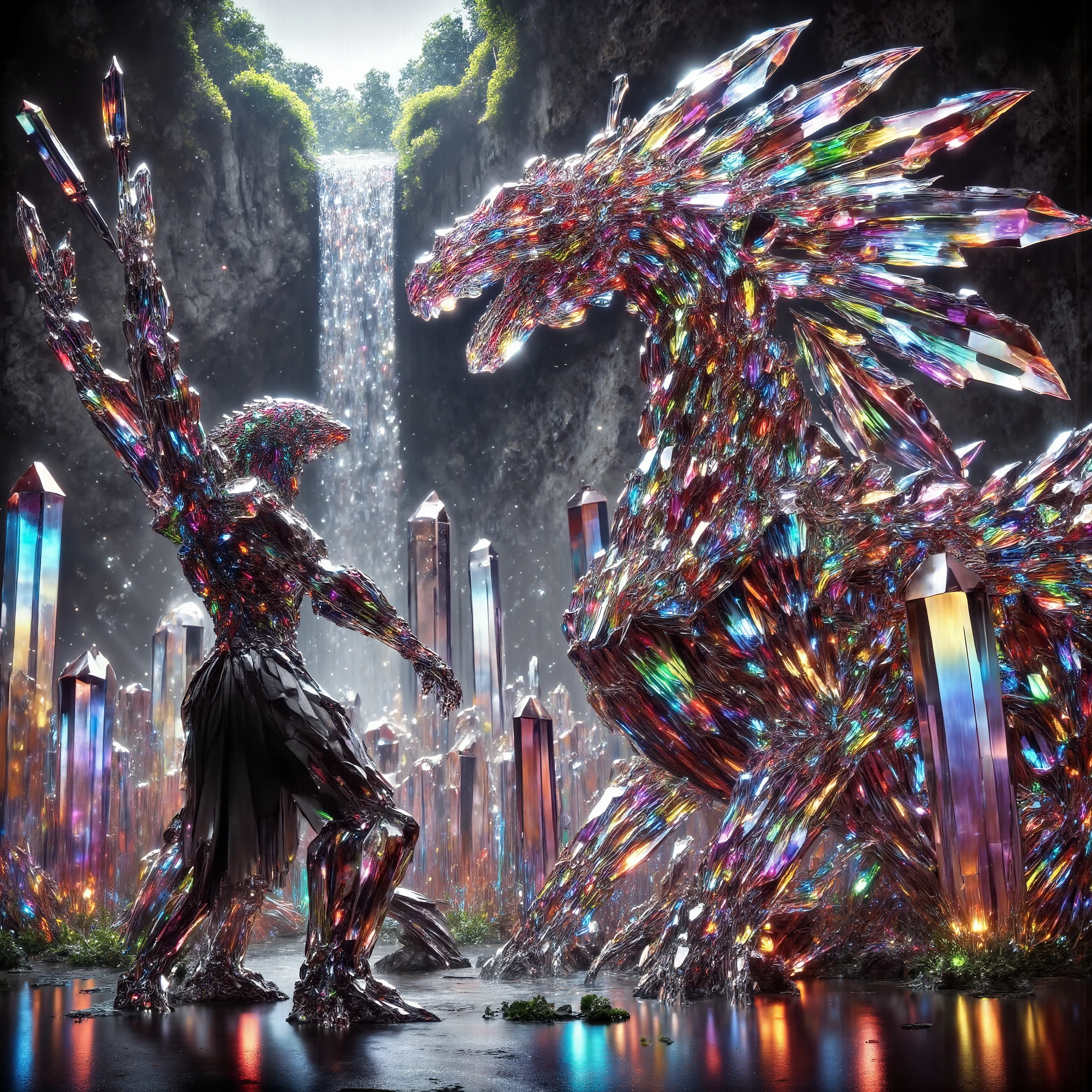 A skeleton of a dinosaur made up of gigantic quartz crystal points that are multicolored translucent pillars in a tropical rainforest. In the middle of these quartz crystals is an incredible gushing cascading waterfall that pours into a beautiful lagoon that is lined with smaller quartz crystals 20 to 40 feet tall. In hues of Pink, Red, Orange, Yellow, Green, Blue, and purple, there are hundreds of quartz crystal formations pointing up in the sunlight in the cliff and protruding from the perimeter of the lagoon. Be sure that they are partially translucent and radiate color in the bright full sunlight. In this Full Sunlight, we see a caveman and a triceratops in a fight to the death in the lagoon. Huge chunks of meat are ripped off by the T Rex, and the Triceratops three horns have caused several large punctures on the T Rex. Both animals wounded the clear lagoon water becomes red and thick with blood. Pieces of stringy meat and blood hang and drip off the caveman's enormous spear. His mouth and head are covered in blood as is the Triceratops head and horns. Attention to detail on the dinosaurs' textured skin and especially the eyes! No red eyes! No glowing eyes! Only real looking irises and pupils! Keep these images real and graphic looking and also disturbingly natural. Anatomical correctness on the dinosaurs. Breathtakingly beautiful, stunning, awe-inspiring images only! 8K Octane, Action Painting, Cinematic, Cinematography, Conceptual Art, Digital Art, Fujicolor, Ultra-realistic Photorealistic, Portrait Photography, Surrealism, Unreal Engine, Sparkle on crystals, Cinematic, Perspective: up close, macro photography, Ultra bloody and gorey, UHD, Super Detailed, Best Quality, Award Winning, Masterpiece.