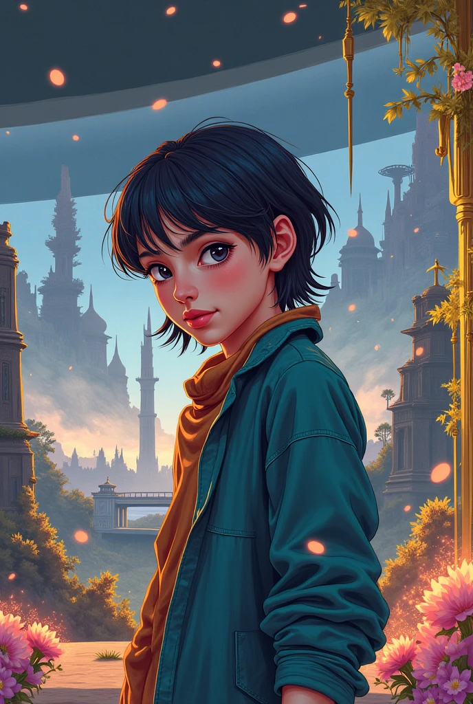 Anime image of a 15-year-old man on top of a building in New York , esta mirando triste desconcertado la ciudad, desde lo alto de una escuala., cabello azul rostro mestizo, ojos azules,sin camisa atuendo tribal egipcio, egipcia antigua mirando desde lo alto de una escuela secundaria a una ciudad triste muy lejana , , Screenshot of anime movie