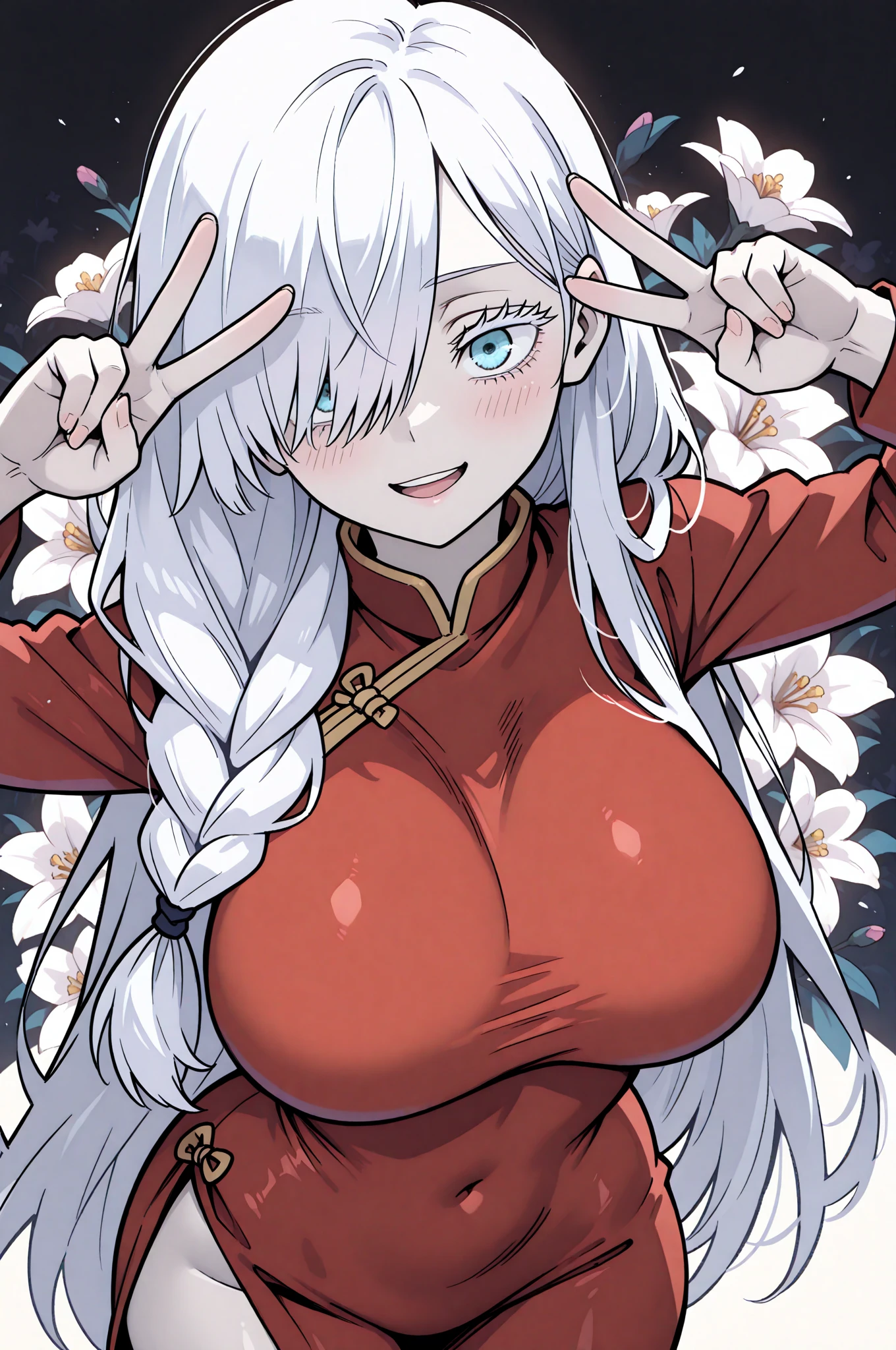 score_9, score_8_up, source_アニメ,アニメ style,Silver Hair,Center-parted bangs,long hair,Big Breasts,Eyes closed,smile,Fox ears,Big Tits,cool eye,((1girl)),shiny skin,Heavy breathing,Lewd,Heavy breathing,