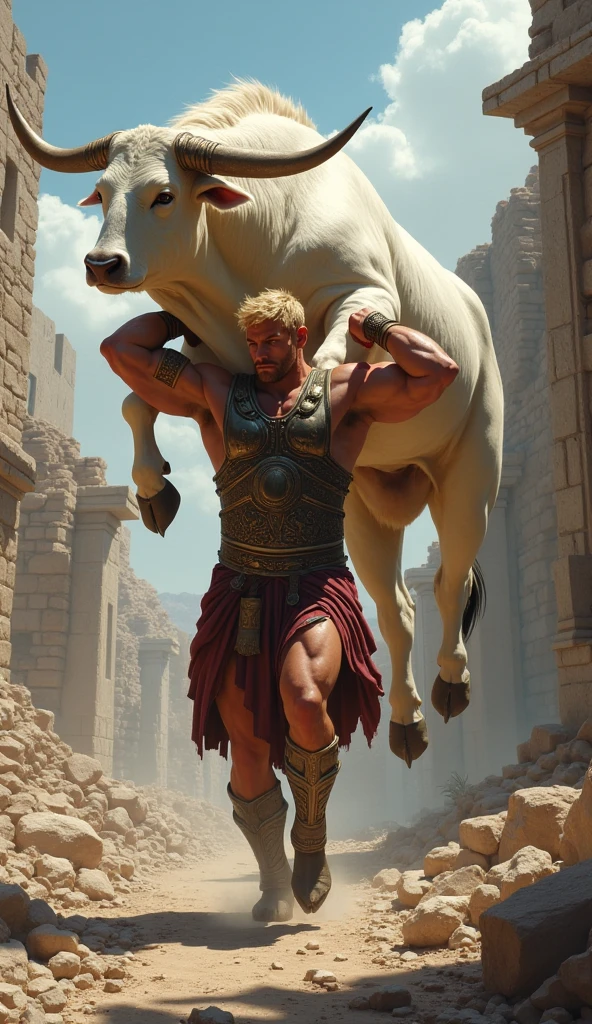 High profile full body full color image of centaur:1.2, 1 man, stand, Tall, Blonde Hair, hoof, 4 legs, Chest flaps, glove, Realistic, Depth of Field, Blurry Background, photorealistic portrait, Analogue photography, Low Key Light, Ancient Greek background, temple，marble, Jason Statham
