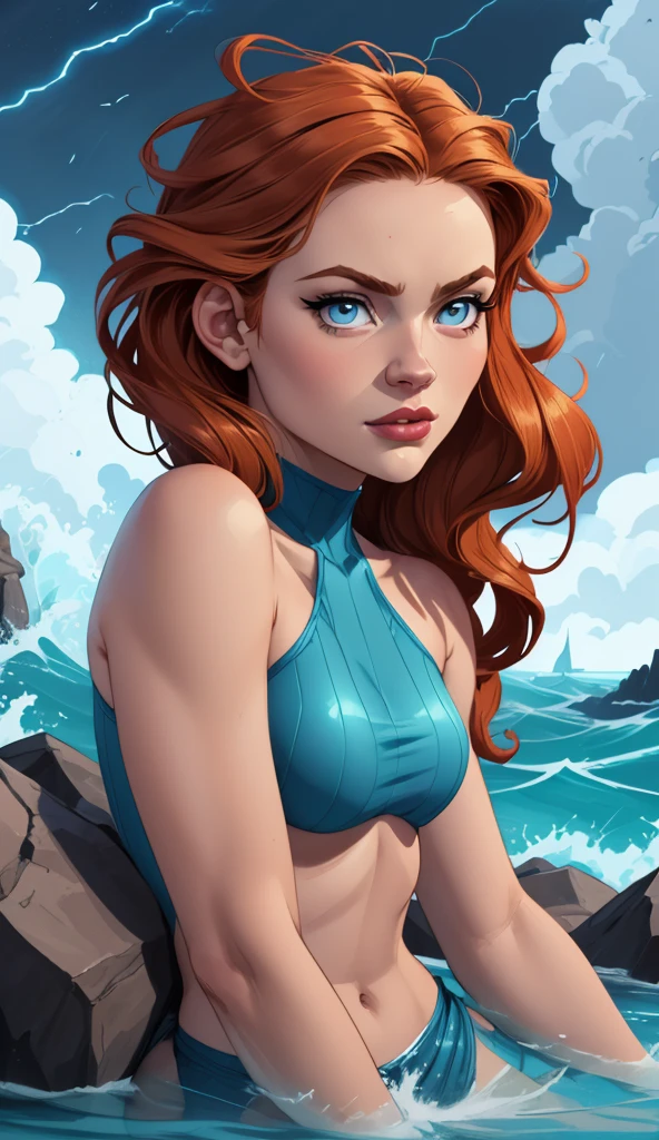 (best quality, masterpiece), 1girl, upper body, paw pose, smile, laughing, happy, ocean, (breast, nipple), swimming pantie, orange nuance hair, freckles, blush, looking at viewer, wavy hair, short red hair, cloud, splashing, waves, sun, mountain, wet