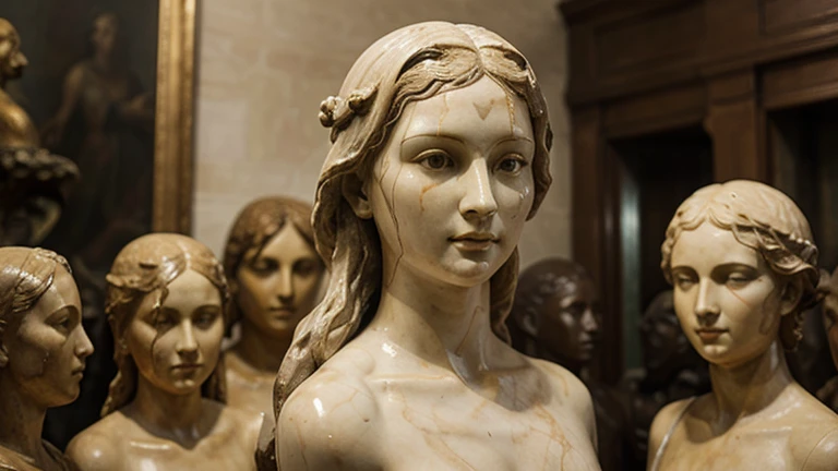 In a splendid ancient Greek garden,. The figure carved in marble represents a full-length nude woman, com belos seios, seios pontudos, perfeitos e realistas, ancas grandes, coxas grossas e cintura fina, de beleza atemporal, with delicately sculpted features on a perfect face. Diffuse sunlight bathes the statue, highlighting your graceful shape