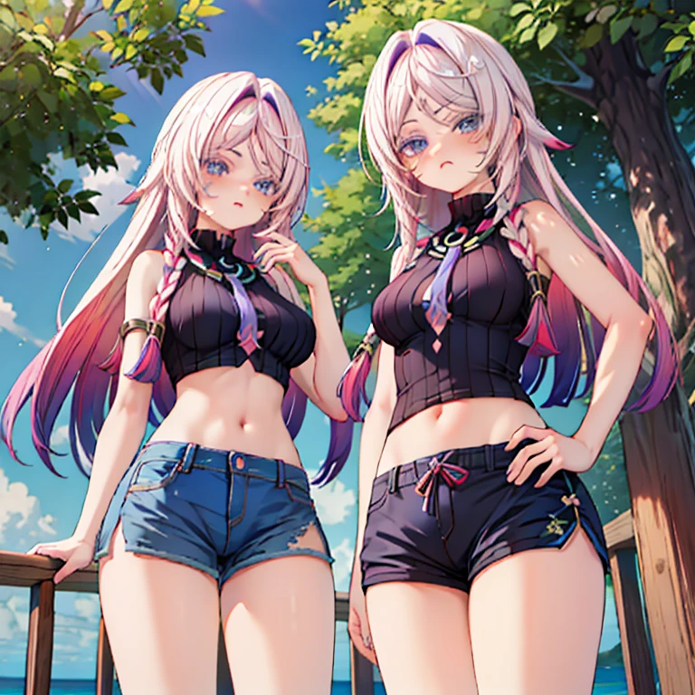 Realistic, 1girl, pink hair, purple eyes, glowing eyes, cropped top, skirt, parted lips, blush, daytime, beach by the sea, flowers, sun, sunlight, black skirt, short skirt, big wavy to waist length hair, real, warm color, brown miniskirt, blue clothes, background color light, day environment, bright color background, saudi, marine, girl, no bra, no panties