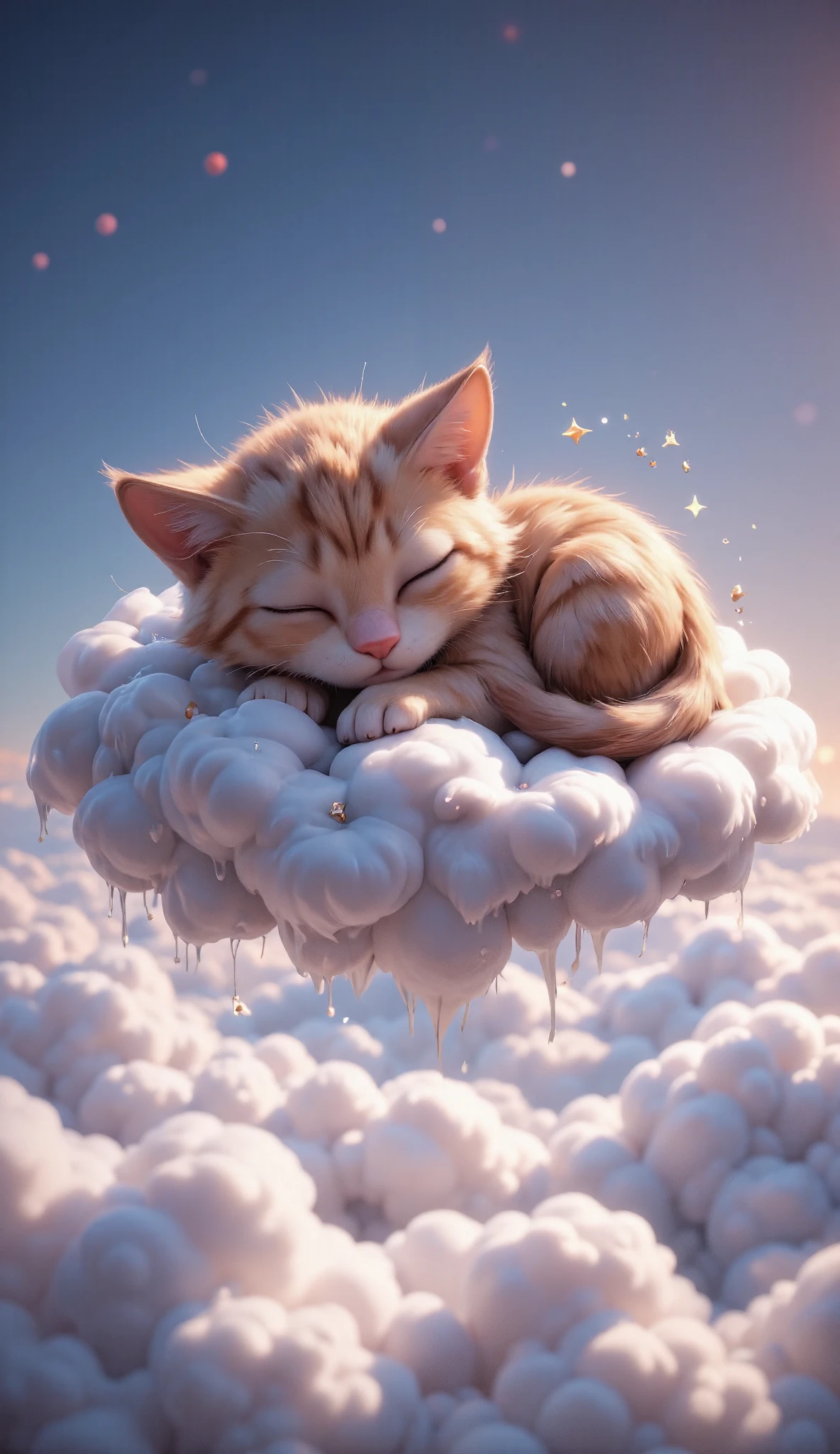 3D characters, cute happy kitten, sleeps on fluffy cloud, in the sky above the clouds, masterpiece, Background Blur, Shut your mouth.
