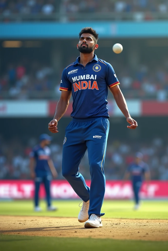 Give me a blue jersey with INDIA written on the back. Close-up of the back of a cricket player wearing white sneakers，Pitching，Show back, 8k detail, 8k detail, Zoom out, Very very low quality image, ( ( Dark Skin ) ), Available images, Low quality granular, enlarge, 16k enlarge图像