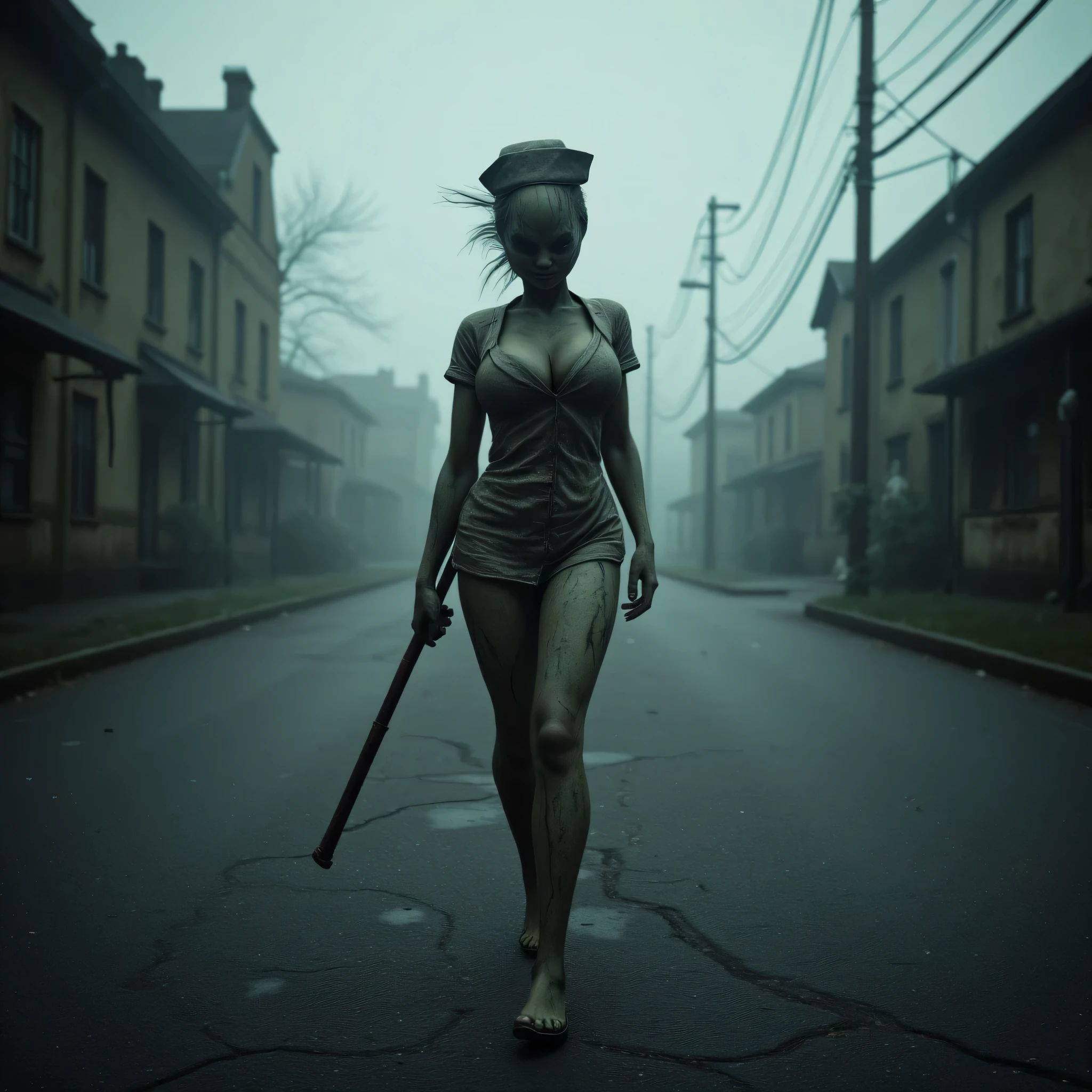 **Prompt:** wide angle, Create a hyperrealistic digital artwork capturing the eerie atmosphere of a fog-laden, abandoned street in a Silent Hill-inspired town. The centerpiece of the scene is a grotesque, zombie-like female nurse with curvy features, exhibiting realistic human anatomy. Her uniformly tattered and grime-covered outfit tells a haunting story, while she drags her foot with a limp, navigating the cracked pavement of Silent Hill. In one hand, she clutches a rusted iron pipe that catches the faint light with an ominous glimmer. Employ a wide panoramic camera angle to emphasize the chilling environment, highlighting intricate textures and details that evoke the unsettling essence of both Silent Hill and the 'Jacob's Ladder' universe. Utilize harsh lighting to cast eerie shadows, enhancing the horror aesthetic with sharp contrasts against the desolate backdrop of the street. The final artwork should leverage Octane 3D techniques to achieve an exceptional level of detail and depth, presenting a RAW photographic quality that encapsulates both the terror and haunting beauty of this grim moment. Draw viewers into the surreal and spine-chilling ambiance, leaving them with a lingering sense of dread.