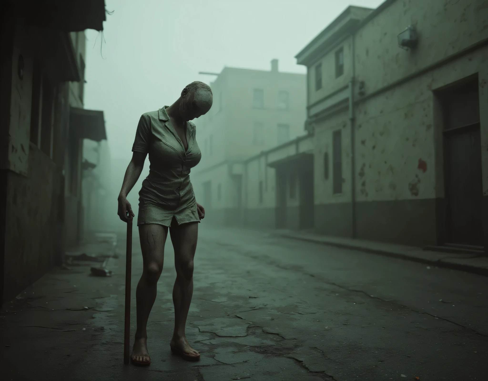 **Prompt:** wide angle, Create a hyperrealistic digital artwork capturing the eerie atmosphere of a fog-laden, abandoned street in a Silent Hill-inspired town. The centerpiece of the scene is a grotesque, zombie-like female nurse with curvy features, exhibiting realistic human anatomy. Her uniformly tattered and grime-covered outfit tells a haunting story, while she drags her foot with a limp, navigating the cracked pavement of Silent Hill. In one hand, she clutches a rusted iron pipe that catches the faint light with an ominous glimmer. Employ a wide panoramic camera angle to emphasize the chilling environment, highlighting intricate textures and details that evoke the unsettling essence of both Silent Hill and the 'Jacob's Ladder' universe. Utilize harsh lighting to cast eerie shadows, enhancing the horror aesthetic with sharp contrasts against the desolate backdrop of the street. The final artwork should leverage Octane 3D techniques to achieve an exceptional level of detail and depth, presenting a RAW photographic quality that encapsulates both the terror and haunting beauty of this grim moment. Draw viewers into the surreal and spine-chilling ambiance, leaving them with a lingering sense of dread.
