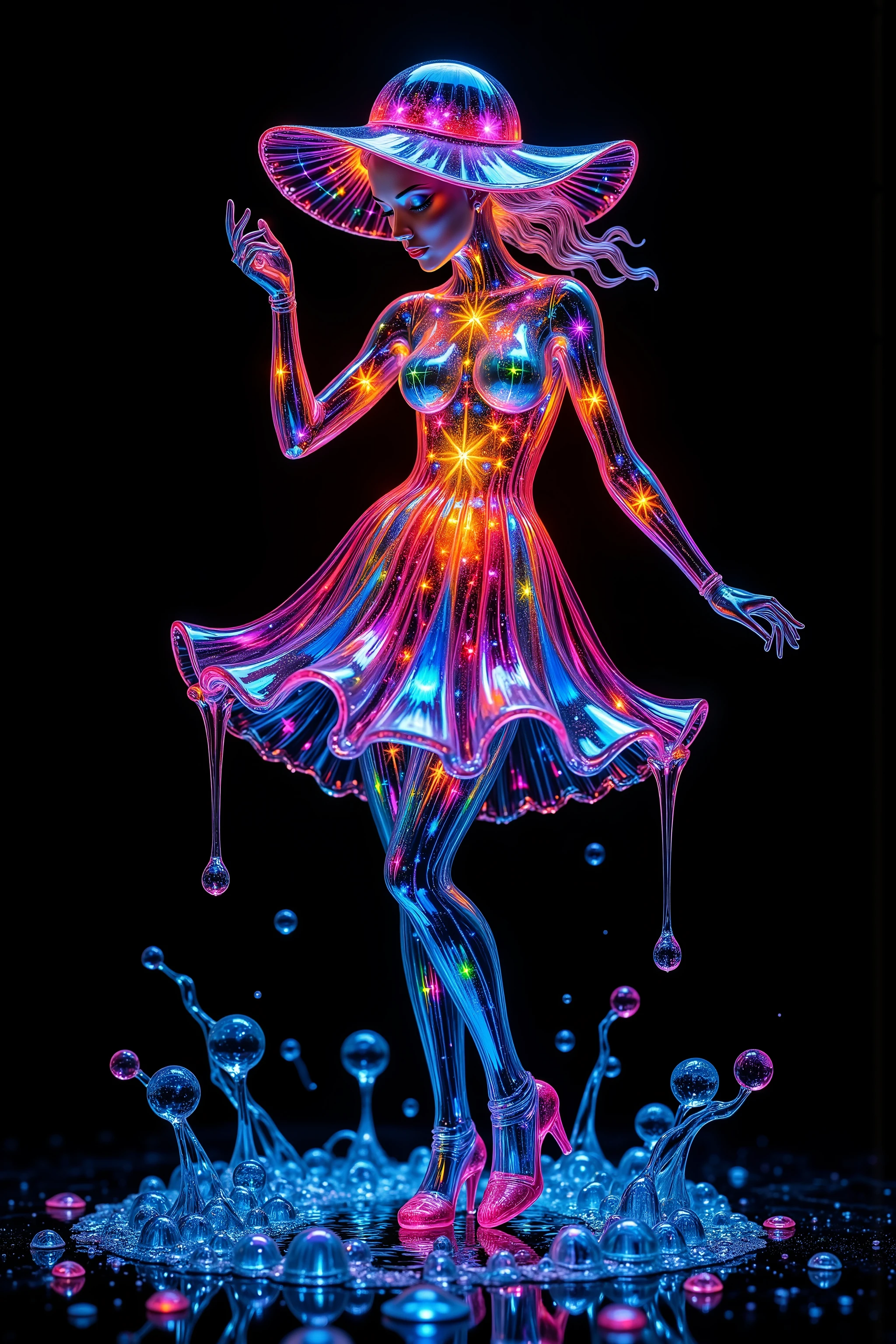 (masterpiece, Best Quality), 8k,(((Very detailed))), race:1.8,Super intricate pattern, colorful pattern, mostly black background,Stained Glass Transparent Body, Mandala, Light up, colored glass sculpture in the shape of a beautiful young woman, crystal clear glass body neon pink dress, clear glass hair, dramatic pose, dancing, sparkle, iconic style. With gravity reversed, melted glass on the ground at the bottom of the image drips straight up in long flowing drips that break off into spherical glass droplets all around the glass woman. Melted glass also flies off the woman's hair and her dress in hot melted drops of liquid glass that shine and twinkle with lights, stars, ultra realistic, photorealistic, cinematic portrait, portrait photography, surrealism, etheral, best quality, masterpiece.