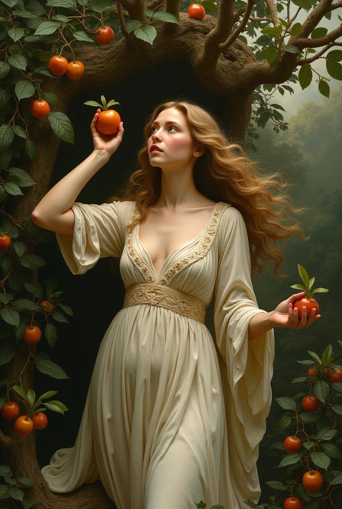 painting of a biblical story of Eve with an apple in her hand in the Garden of Eden under a spreading apple tree, cinematic scene, volumetric lights, in the style of nicola samori