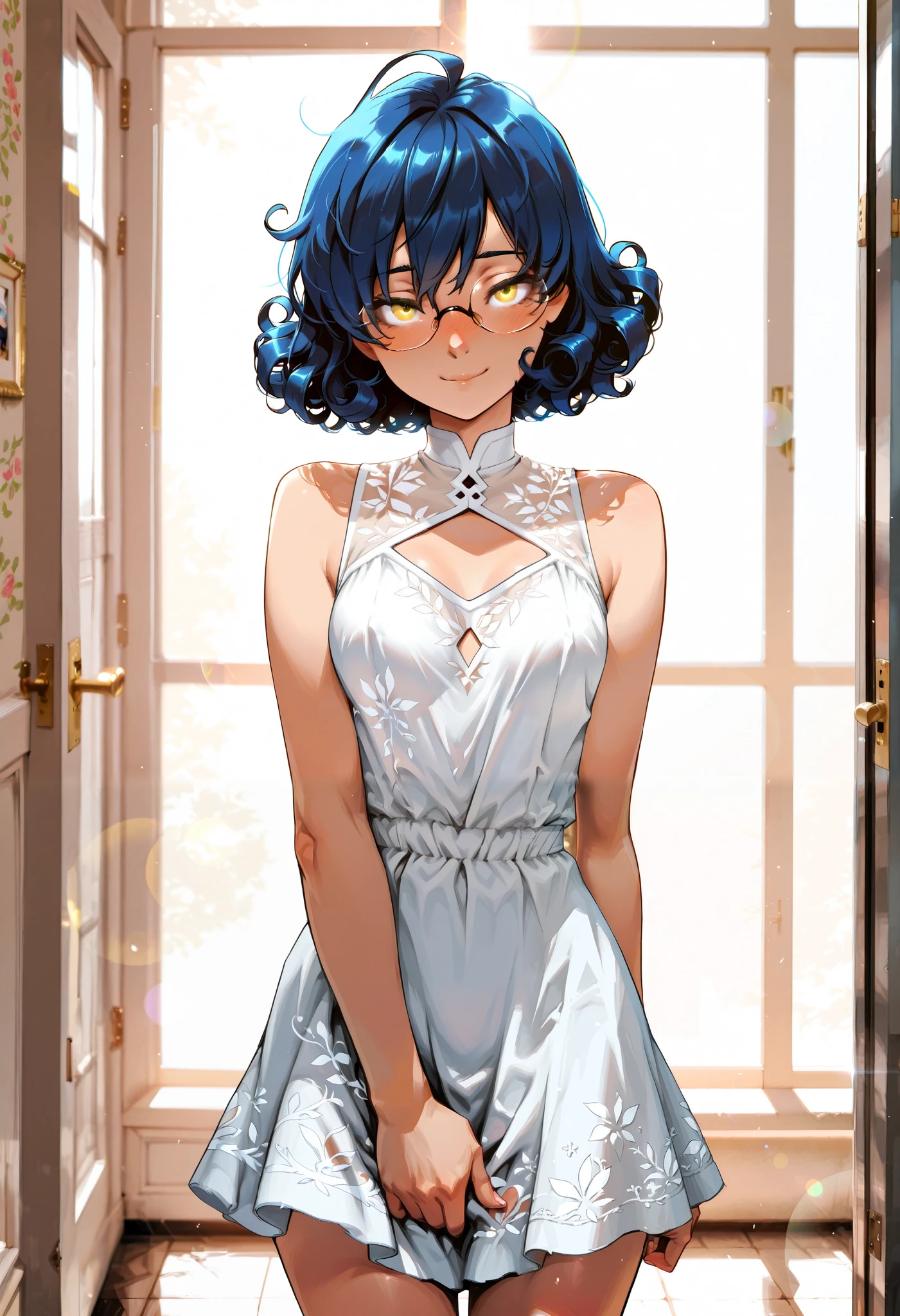 score_9_up, score_8_up, score_7_up, score_6_up, source_anime BREAK, 1girl, staring ahead, looking at viewer, highly detailed, very young slim fit girl, full height, shy smile, perfect medium breast, monroesweet, shy smile, Standing at attention, dynamic pose, clear light skin, 8k wallpaper, perfect lighting, masterpiece, lens flare, vibrant color, cutout dress, seductive photo, rounded face, very short blue hair, (disheveled curly hair:1.1), big yellow eyes, gloomy girl, perfect medium breast, ExpresHGothicNeonIncase, mz, rounded glasses, ahoge