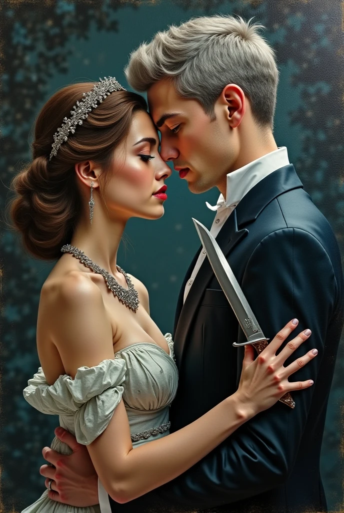 A painting of a woman piercing a man's heart with a rapier, with his back to her.