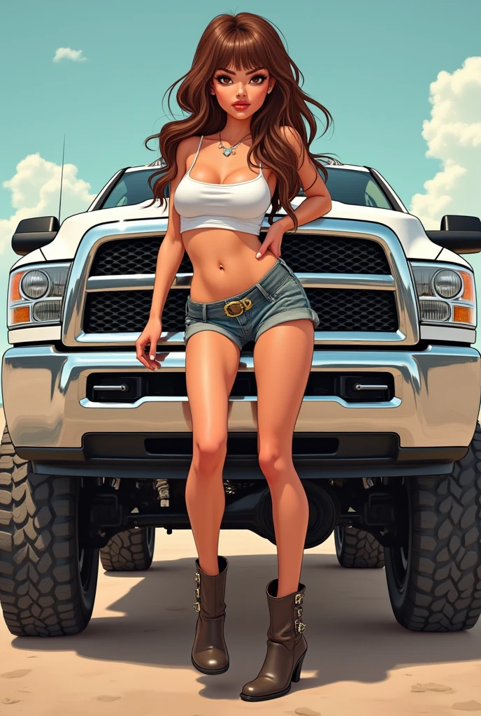 a well-built woman and a large truck are connected by a chain; the chain is wrapped around her body and pulls the large truck, pulling a large truck with chains wrapped around her body, pulling forcefully, soaring clouds of dust, dynamic composition, madeon,