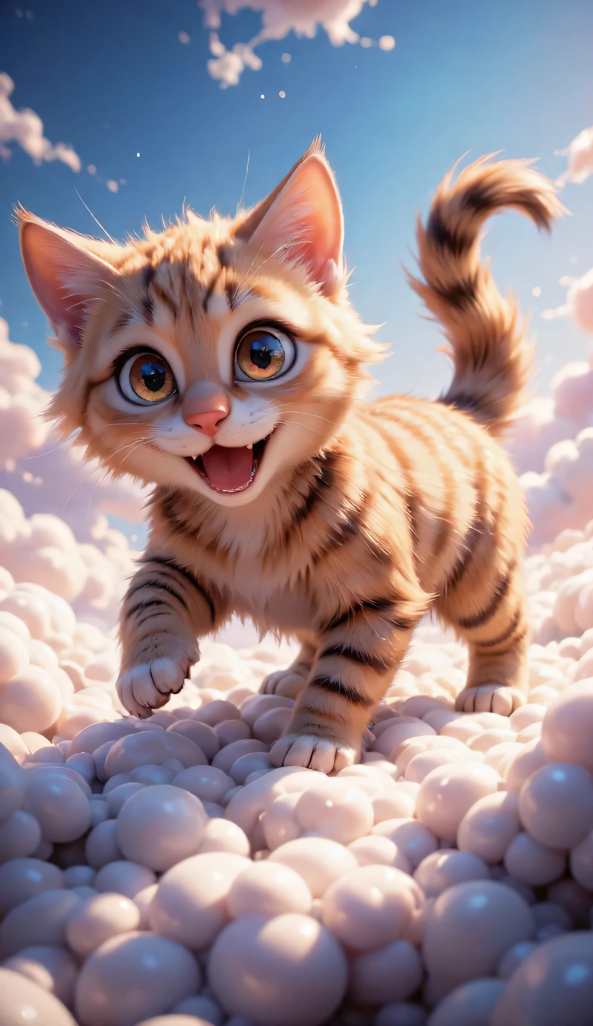 3D characters, cute happy kitten, playing on fluffy cloud, in the sky above the clouds, masterpiece, Background Blur.
