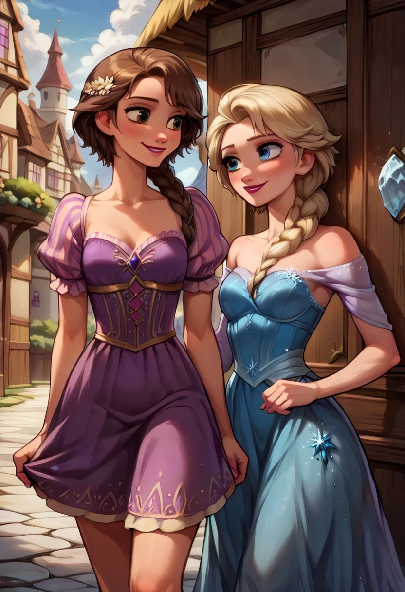 Score_9, score_8_up, score_7_up, rating_safe, source_comic, detailed soft lighting, 2girls, BREAK, Elsa from Frozen, (blonde hair, braid, ice blue dress:1.3), BREAK, Rapunzel from Tangled, (brown hair, short hair, purple dress:1.5), BREAK yuri, girlfriends, on a romantic date, walking through town, smile, beautiful eyes, open eyes, (masterpiece, best quality, highly detailed, beautiful), SFW, MINI SKIRTS