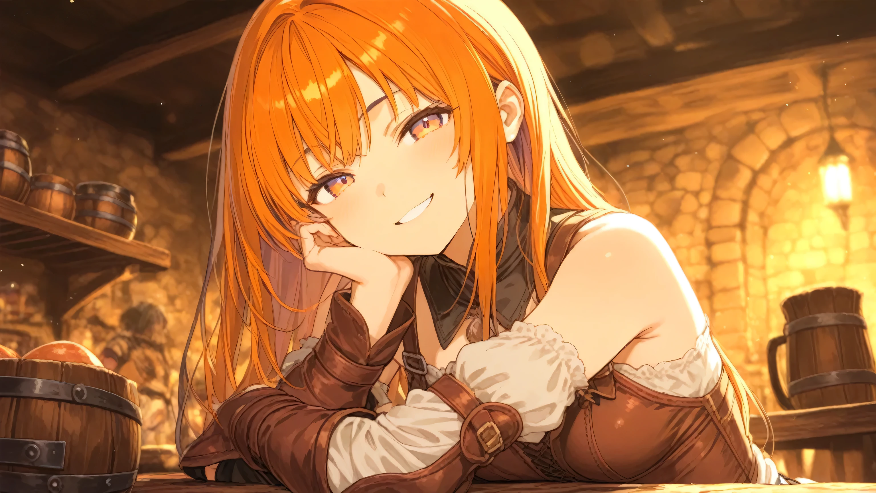 medieval tavern、Pale Orange Light 、high image quality、smiling blond girl
