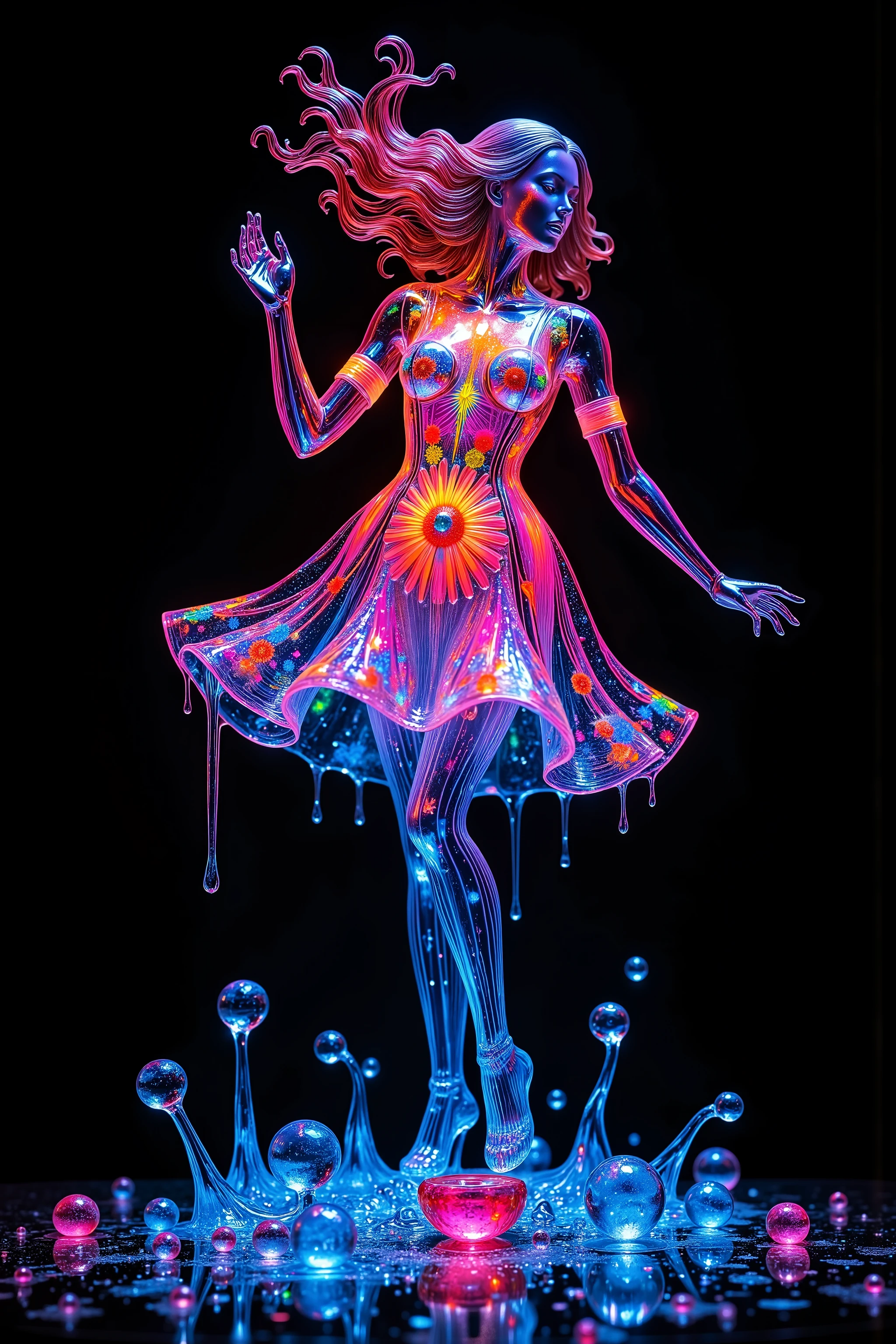 (masterpiece, Best Quality), 8k,(((Very detailed))), race:1.8,Super intricate pattern, colorful pattern, mostly black background,Stained Glass Transparent Body, Mandala, Light up, colored glass sculpture in the shape of a beautiful young woman, crystal clear glass body neon pink dress, clear glass hair, dramatic pose, dancing, sparkle, iconic style. With gravity reversed, melted glass on the ground at the bottom of the image drips straight up in long flowing drips that break off into spherical glass droplets all around the glass woman. Melted glass also flies off the woman's hair and her dress in hot melted drops of liquid glass that shine and twinkle with lights, stars, ultra realistic, photorealistic, cinematic portrait, portrait photography, surrealism, etheral, best quality, masterpiece.