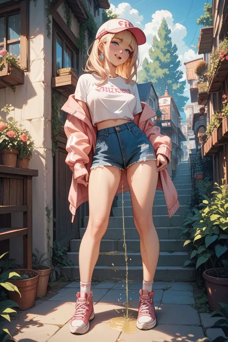 ((最high quality, 8k, masterpiece)), High resolution、（high quality: 1.5）、Very detailed、Detailed face、Bright colors、Natural light、Fine grain、Colorful eyes、Beautiful Face、Highly detailed face texture of a woman,masterpiece, 最high quality, Detailed and beautiful eyes,最high quality、Best image quality、masterpiece,girl,smile,From below,grin,(Brat),Pink Hair,Cute clothes,Printed shirt,Shorts,Just beautiful,masterpiece,(laugh at),最high quality、so beautiful,High resolution,1girl, solo,(masterpiece:1.2)、(最high quality:1.2)、Latest Glossy Skin