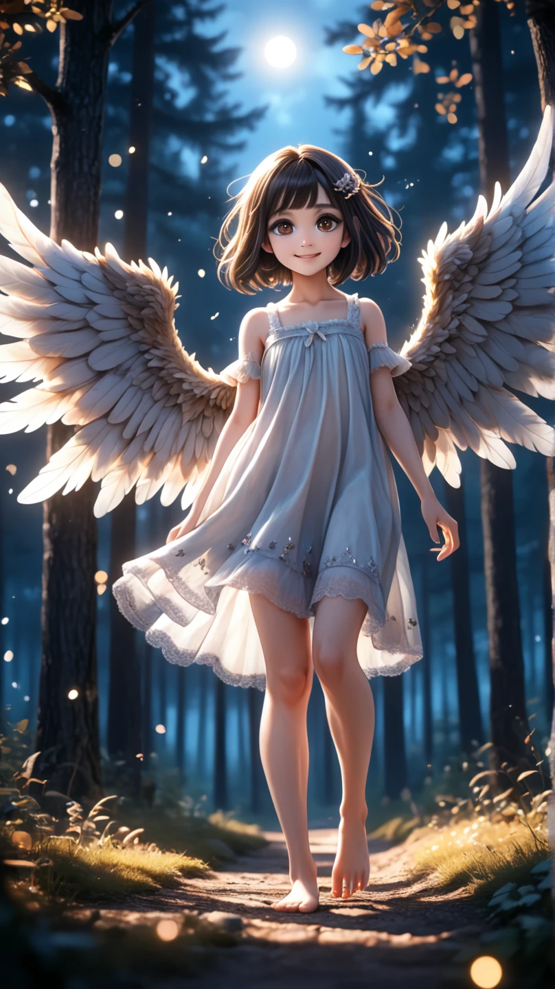 petite girl, grinning, small face, full body, ((floating in the air)),glowing,(blue sky)),((white dress)),((feathers fluttering)),((big white wings)),((innocent)),((naïve)),black hair