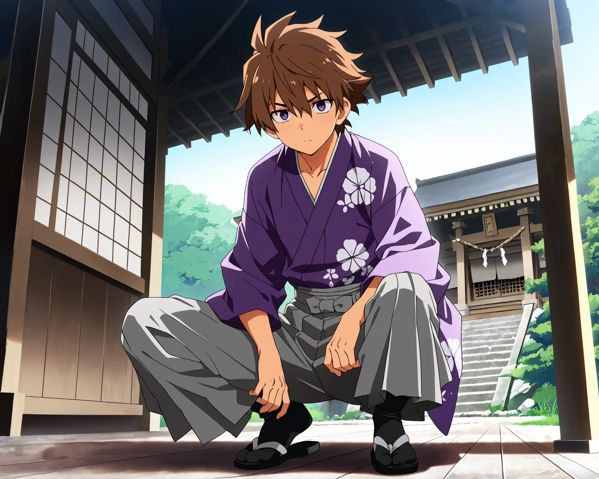 ((masterpiece)), ((best quality)), ((ultra-detailed)), score_9_up, score_8_up, score_7_up, HD, top quality, best quality, High-quality illustrations, anime screencap, perfect anatomy, solo, 1boy, 1male, male anime character, anime boy, Takeru Taiga, brown hair, purple eyes, Japanese, japanese clothes, grey hakama pants, very long sleeved Purple kimono, masterpiece, best quality, amazing quality, full body, outside of an abandoned Japanese shrine temple