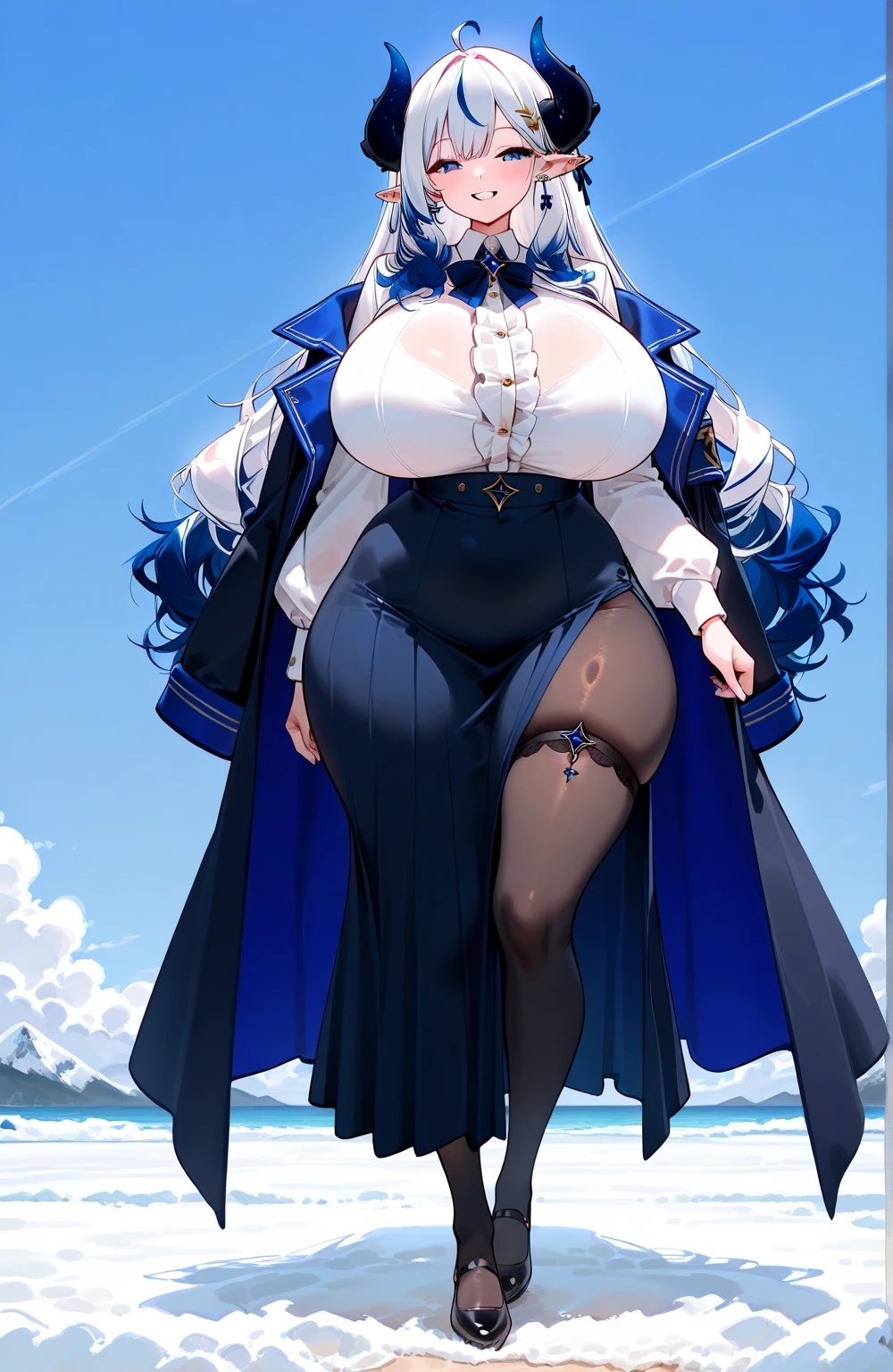 (Top quality)、(high resolution)、The original、(1 woman)、Sexy、Thick、Big body、Silver Hair,navy、mini skirt,white hat,(Pregnant,Huge Breasts:1.8),Soaked