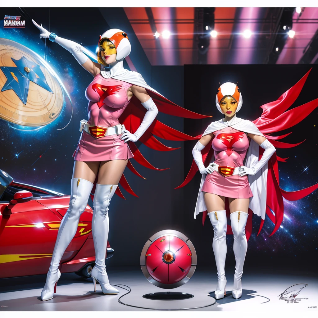 ANI_CLASSIC_jun_gatchaman_ownwaifu,1girl, 15yo,good anatomy, masterpiece, best quality,realistic, hyperrealistic, 16k hdr, long hair,breasts,green eyes,lips,large breasts,lipstick,makeup,gloves,cape,helmet,belt,elbow gloves,white gloves,mask,ultra miniskirt,leotard,spacesuit,white tight overknee highheels boots,pink dress,superhero,bodysuit,cleavage,erected nipples,(sexy pose,front view),(spread legs:1.1),cameltoe