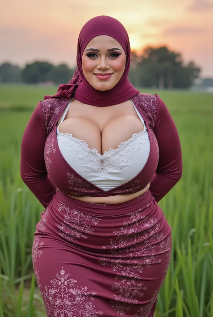 Matured Malay women 30 𝘺𝘦𝘢𝘳'𝘴 𝘰𝘭𝘥 in hijab wearing 𝘵𝘪𝘨𝘩𝘵 satin lace lred color pajamas maroon portrait photography, mid shot photo, ultra detail, professional photograph with professional lighting, smile, 𝘥𝘪𝘴𝘤𝘰 background, sexy 𝘴𝘵𝘢𝘯𝘥 𝘶𝘱 seducing pose, curvy, 𝘴𝘵𝘢𝘯𝘥, pregnant