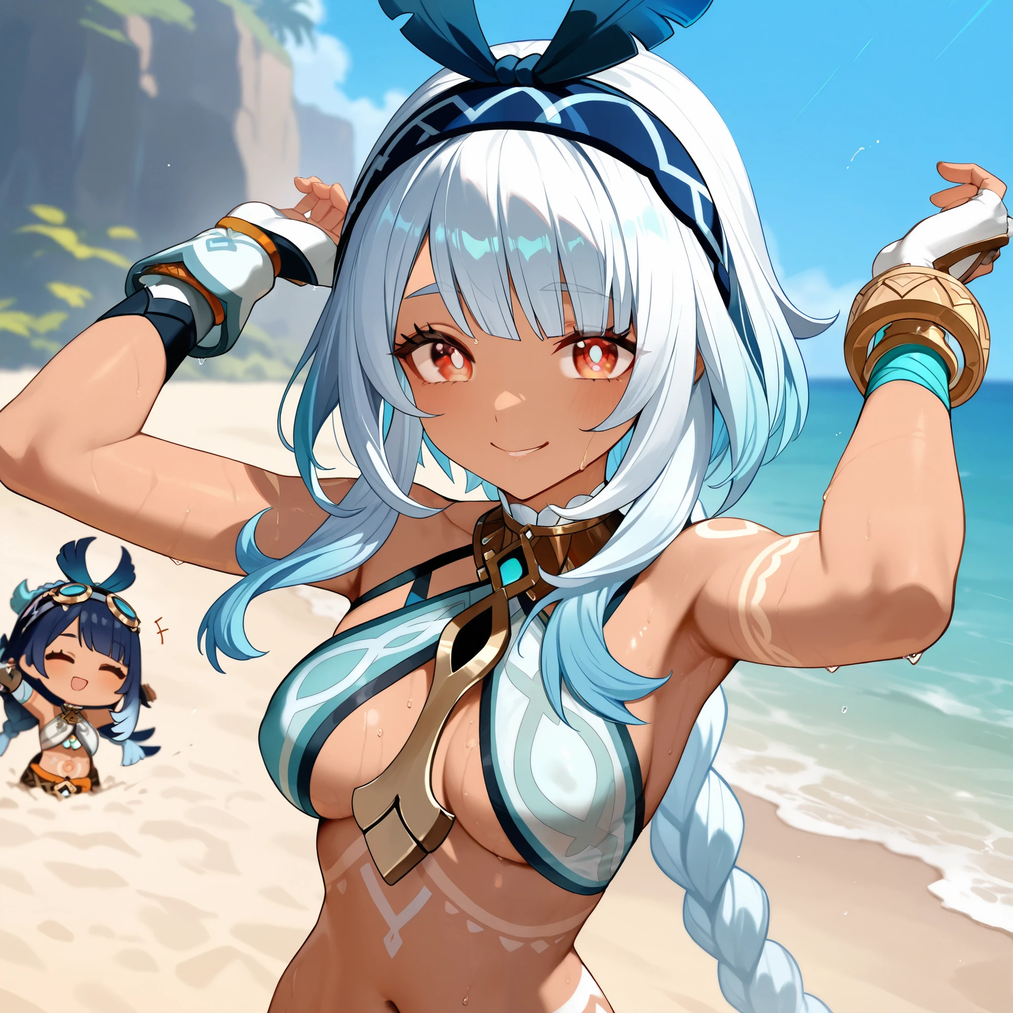 {{{a girl}}},soro,mualani (genshin_impact),dark-skinned female, white hair, silver hair, blue hair, multicolored hair, short hair, very long hair, short hair with long locks, braided ponytail, twin braids, red eyes, bright pupils, sidelocks, eyebrows visible through hair, headband, blue hairband,halterneck, halter top, bikini top, crop top, white bikini, white gloves, bracelet, fingerless gloves, arm tattoo, leg tattoo, stomach tattoo, bodypaint,{nude},nsfw, navel, midriff, bare shoulders, stomach,{medium breasts}},inheat,wet,{{smile}},,beach,upper body,arms up,emberrassed,