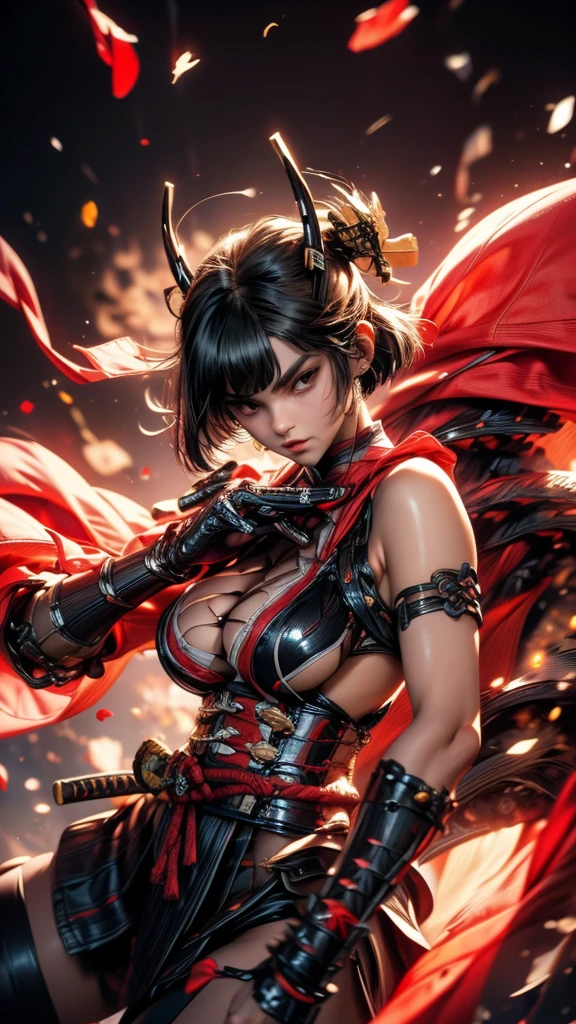 (sketch), (mysterious mood), Score_9, score_8_up, score_7_up, 2girl, long hair, breasts, looking at viewer, large breasts, brown hair, cleavage, bare shoulders, cleavage, brown eyes, closed mouth, upper body, ponytail , red Japanese dress, sleeveless, choker, blur, arms up, lips, parted bangs, belt, high ponytail, rope, armband, fighting pose, ninja, Mai Shiranui, beautiful young woman, side soft light, , highly detailed, masterpiece, fine skin, Hong Kong style woman with rotten horn ghost mask and vintage detailed old high collar cyberpunk samurai bikini, translucent amber horns, glowing silver hair, big breasts, cleavage, navel, Surrounded by cyberpunk Japanese streets, dark color, (surreal, large depth of field, color, 3D octane rendering, 4k trend, concept art, B0ld01lp41nt, dark theme, charcoal\ (medium\), photo_b00ster