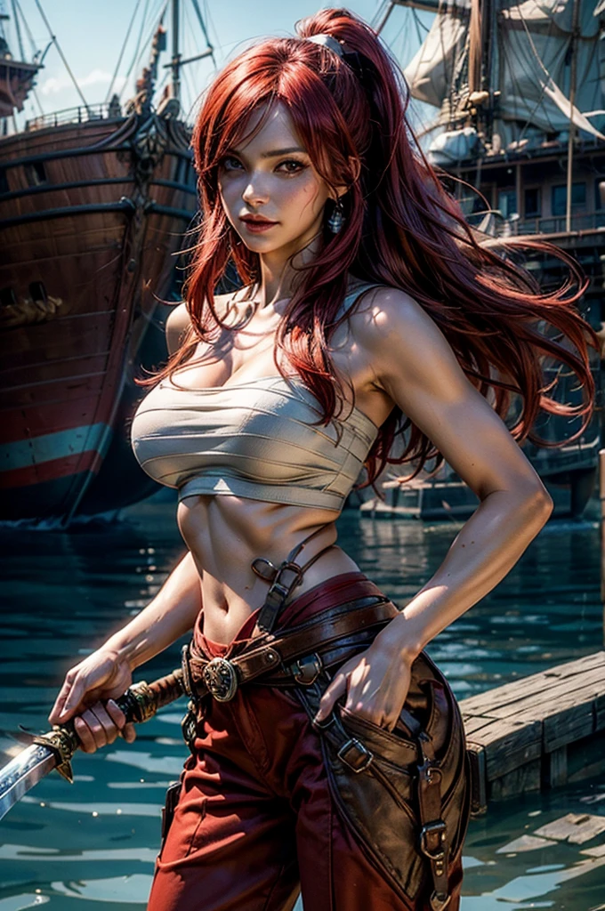 Create a hyper-realistic representation of the character Red Monika from the Battle Chasers comic book saga, olhos verdes, flowing red hair dressed like a pirate, grande decote, seios extra grandes, integrating authentic details of the nautical costume and elements characteristic of piracy, mantendo a fidelidade ao estilo original de Joe Madureira.