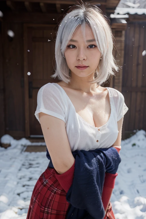((Best-quality, Masterpiece, Ultra-High-Resolution, (Photorealistic:1.4), Raw-Photo, Extremely-Details, Perfect-Anatomy)), 1girls, 18-years-old, the most popular Japanese-idol, squatting at heavy-snowy-mountain, paw-pose, grinning, open mouth, extremely cute face like a most famous Japanese-idol, extremely beautiful big-black-eyes, (((((extremely beautiful white-short-cut-haired))))), extremely beautiful lips, extremely beautiful white-teeth, extremely beautiful white-skins, wearing only white-KIMONO, detailed heavy-snowy-mountain, detailed white-KIMONO, detailed paw-pose