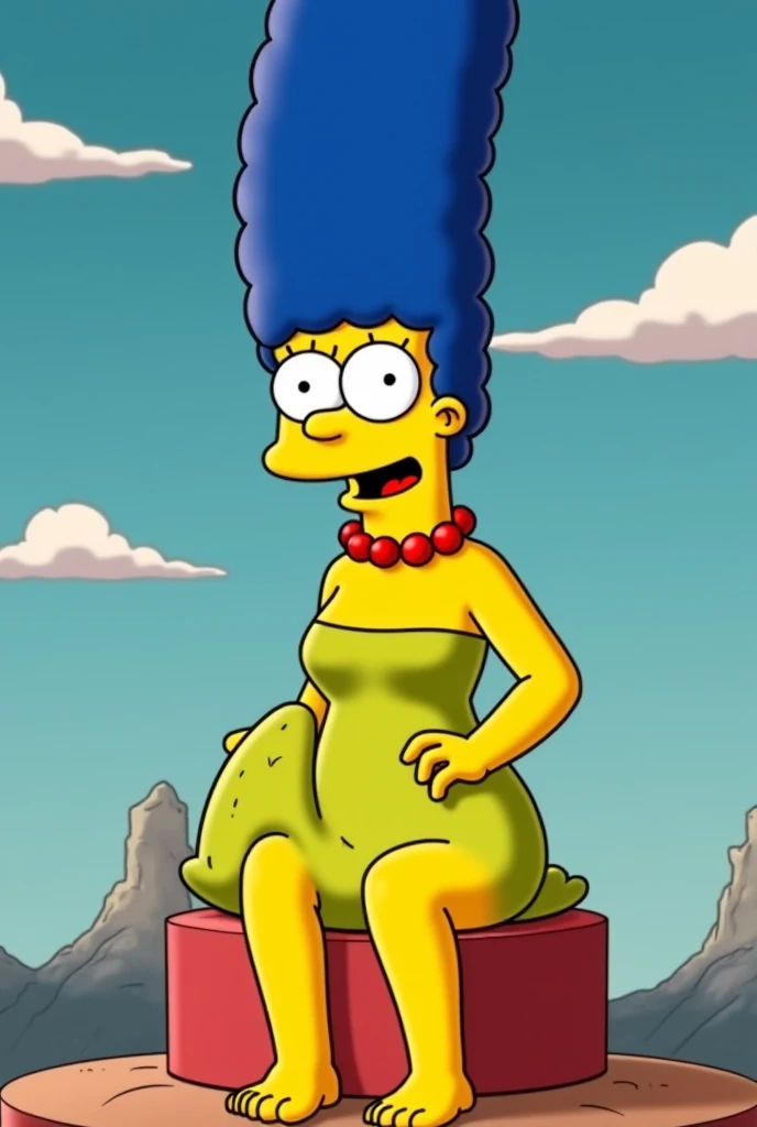 marge simpson, sitting, green dress, ned necklace, blue hair, looking at viewer, barefoot, Focus full body, tied ankles together, bondage