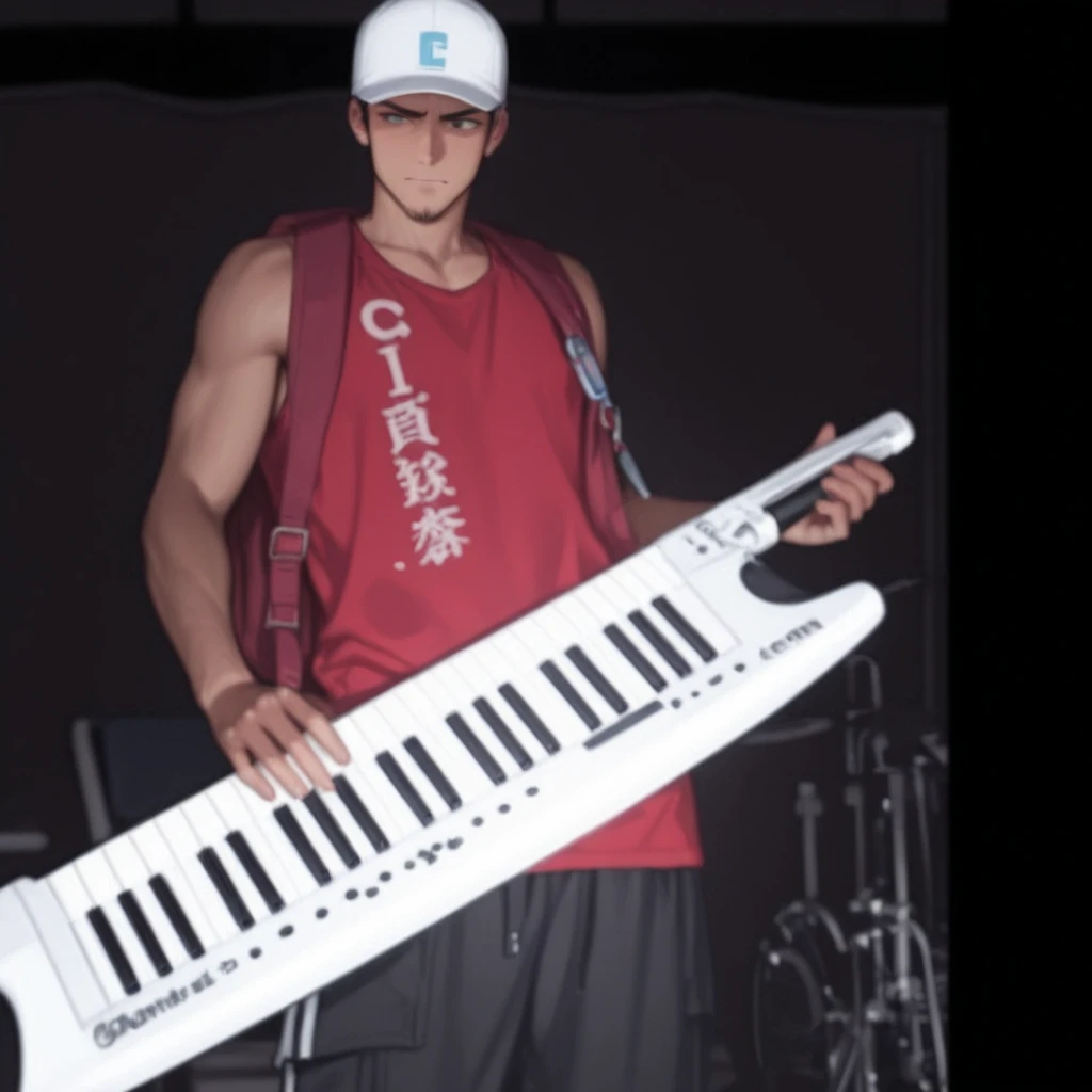 An 18 year old young man, {{black hair}}}, {{{black eyes}}}, {{{athletic and well-defined body}}}, {{{naked and with a teenage appearance with a prominent penis}}}, holding a Roland keytar. On the stage
