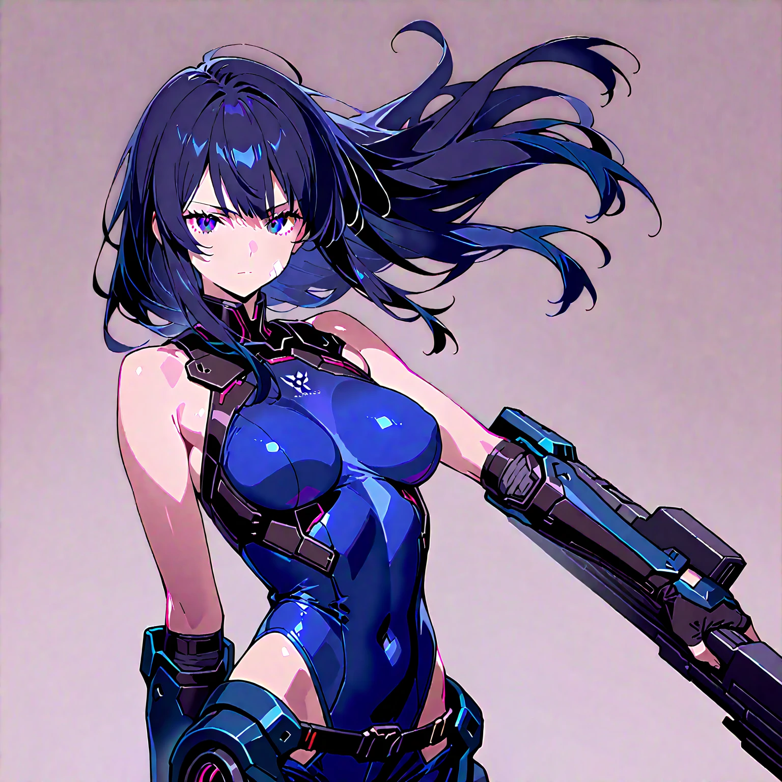 1. Light skinned woman 2. Long spiky navy blue hair/dark 3. lips painted blue and purple 4. Purple eyes 5. Attractive clothing with technological implants whose predominant colors are Blue and Purple (Example Alita from Battle Angel)
6. wears dark blue boots 7. He has blue gloves 8. Both his arms and legs are uncovered., that is to say, his technological combat suit only covers his torso, waist and chest, the elbows, arms and legs are uncovered.