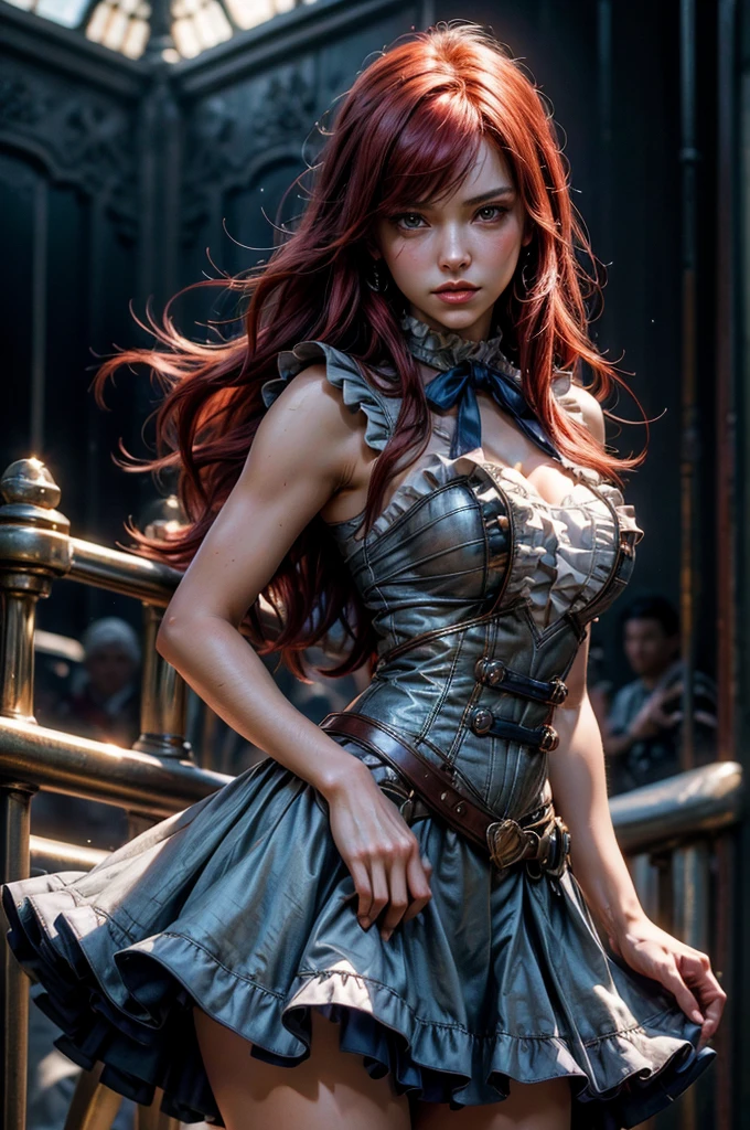 ultra detailed abstract photography of a cute beautyful pirate witch in full body pose,
(highly-detailed intricate red wavy messy like ponytail hair:1.2),
beautiful dark red eyes,
perfect anatomy,
(attire made of red velvet scraps:1.2),
collarbone,
rubin tiara,
pirate ship,
Soft Lighting, Soft Textures, Photographic Realism, dynamic angle,
Intricate High Details, full body,
hyperdetailed painting,  4k resolution,
3d rendering, octane rendering
