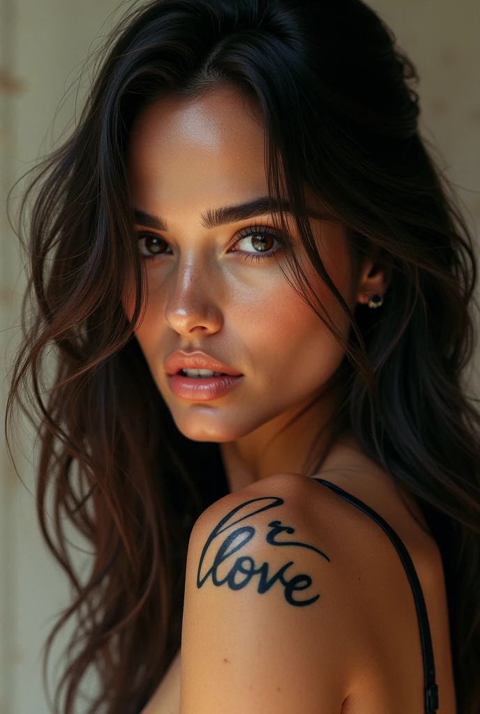 Portrait of a brunette girl with delicate features,. A tattoo on the décolletage area "Belle" dark flowing hair, Plump lips, Brown eyes