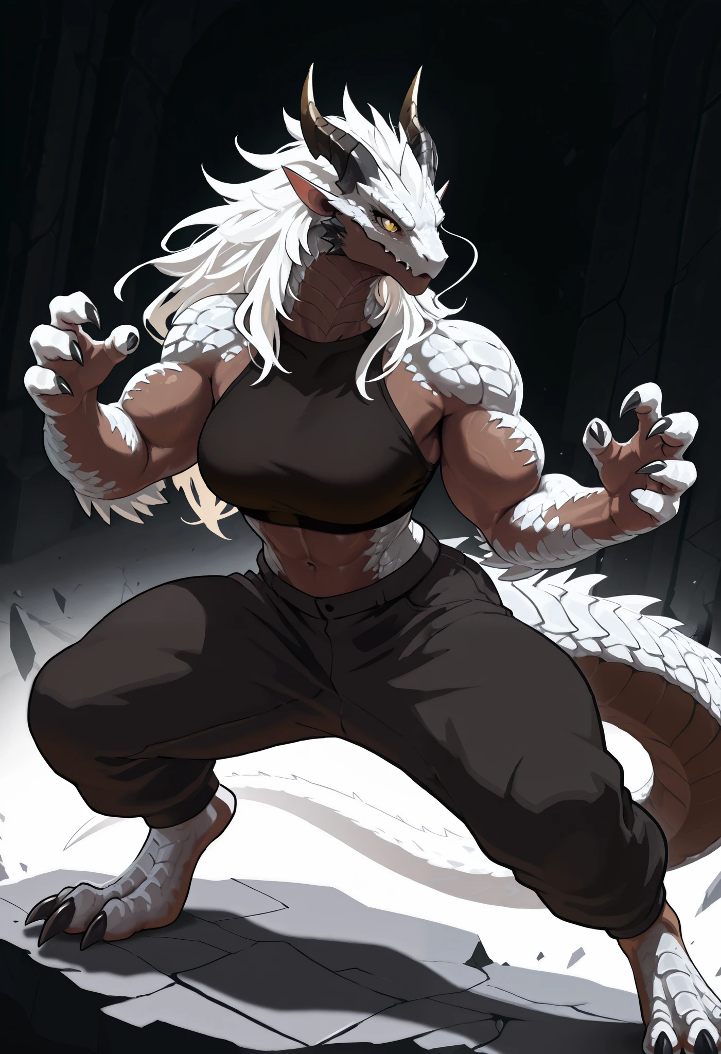 muscular creature, feral dragon, semi anthro, dark horns, yellow eyes, short spiky white hair, black crop top, pants, sharp claws and scales, silver scales on arms and legs, calm pose, athletic, posed in a dynamic stance,dark skin tone, BREAK background is simple and muted, with a gradient effect and soft, neutral tones.