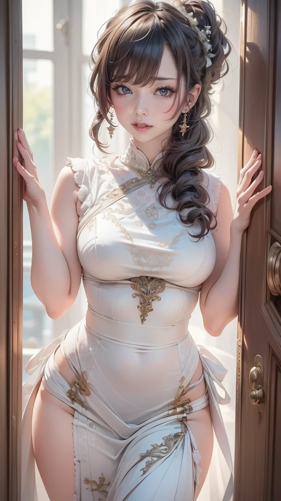 (Arapefi,standing on your feet,Next to it is the throne,one-girl,(Green princess dress,1.5),Wear a crown, wearing high heels,Suspender stockings,Watching from behind,Turn around and look at the camera,Ornate ornament,More details and decoration,Exposing thighs,White-colored skin,(oversized boobs,1.5),Expose cleavage,(Wear decorations such as rings,1.9)),(Close-up of multiple stained glass windows taken from the back, next to a window, In the castle,Look from the back,),(Dissection is correct,Extremely colorful, Best quality, high detal, Masterpiece, Cinematic lighting, 8K, Chiaroscuro,Sense of transparency,tmasterpiece,Flawless,Empty inspiration)
