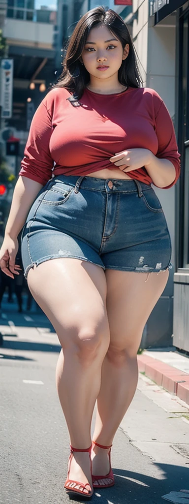 ((best quality)), ((masterpiece)), (detailed), perfect face, araffe woman in a dark-blue shirt and blue denim skirt walking down a street, thicc, she has a jiggly fat round belly, bbwchan, wearing tight simple clothes, skinny waist and thick hips, widest hips, her belly is fat and round, soft curvy shape, hyperrealistic full figure, wearing a cute top, wide hips, wearing 10 bracelet , wearing huge diamond necklace