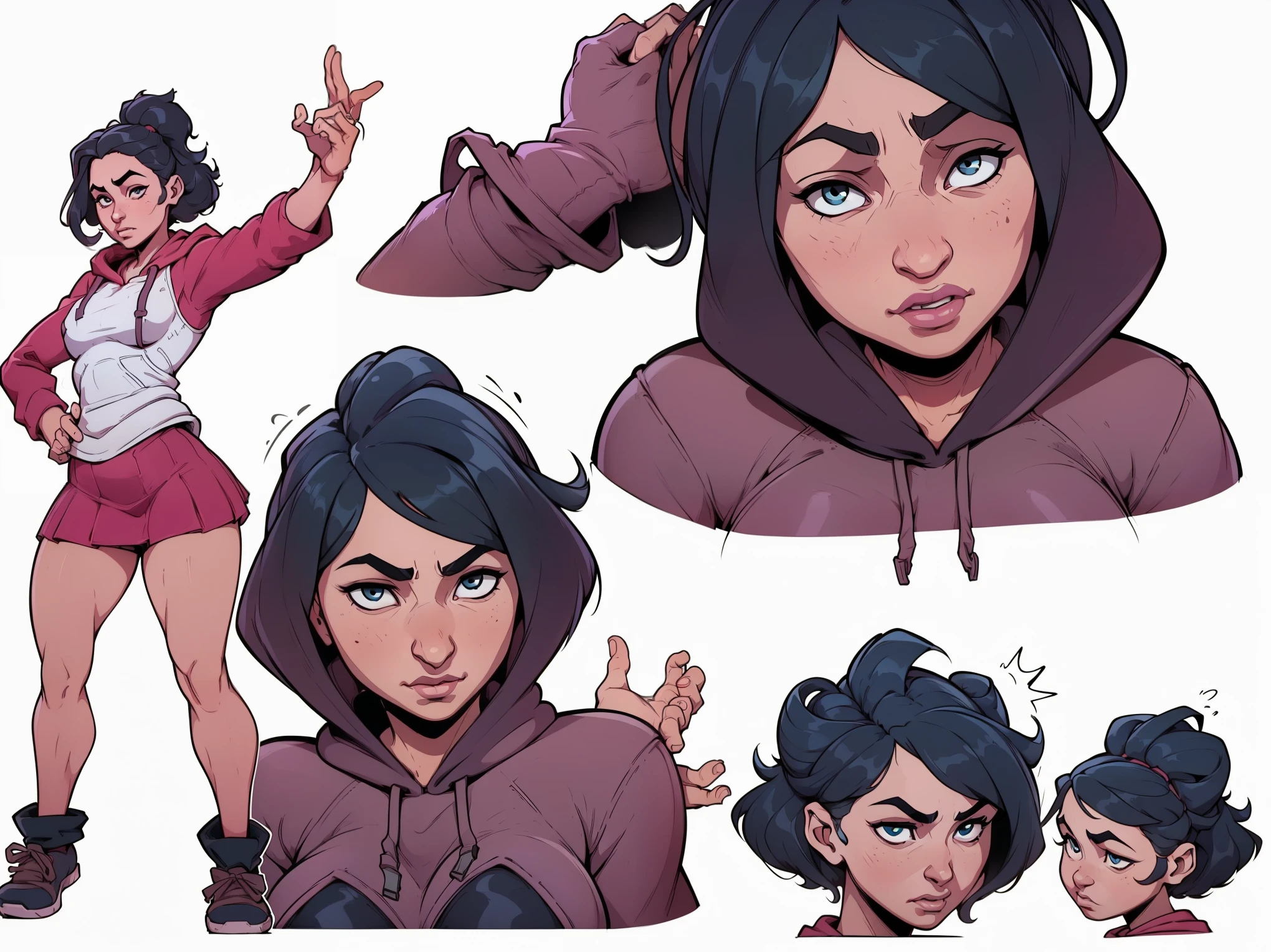 mari, wide hips, black hair, 1girl, cms, (longer wavy haircut, curly hair), k4r3nh41r, exaggerated inflated legs, 4k, highly details, (((tiny breasts))), ((wearing a casual loose hoodie and short skirt)), sensual, 4k, highly detailed face, perfect skin, detailed face, focus on eyes, anatomically correct, ((((reference sheet, simple white background, (multiple views), (full body), dynamic pose,,))))