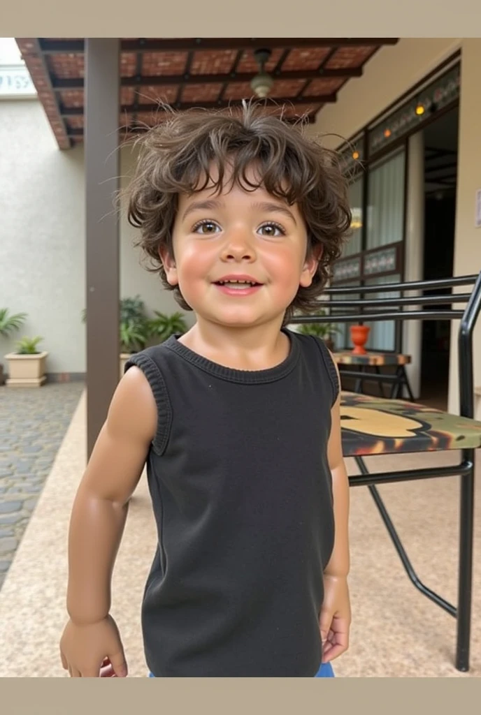 There's a little child who's sitting in a toy car, no parque, her hair is messy and unkempt, em um parque, his hair is messy and wild, curls on top of his head, olhando para o lado dele, looking to the side off camera, no Parque, Serious expression, em um parque, serious face