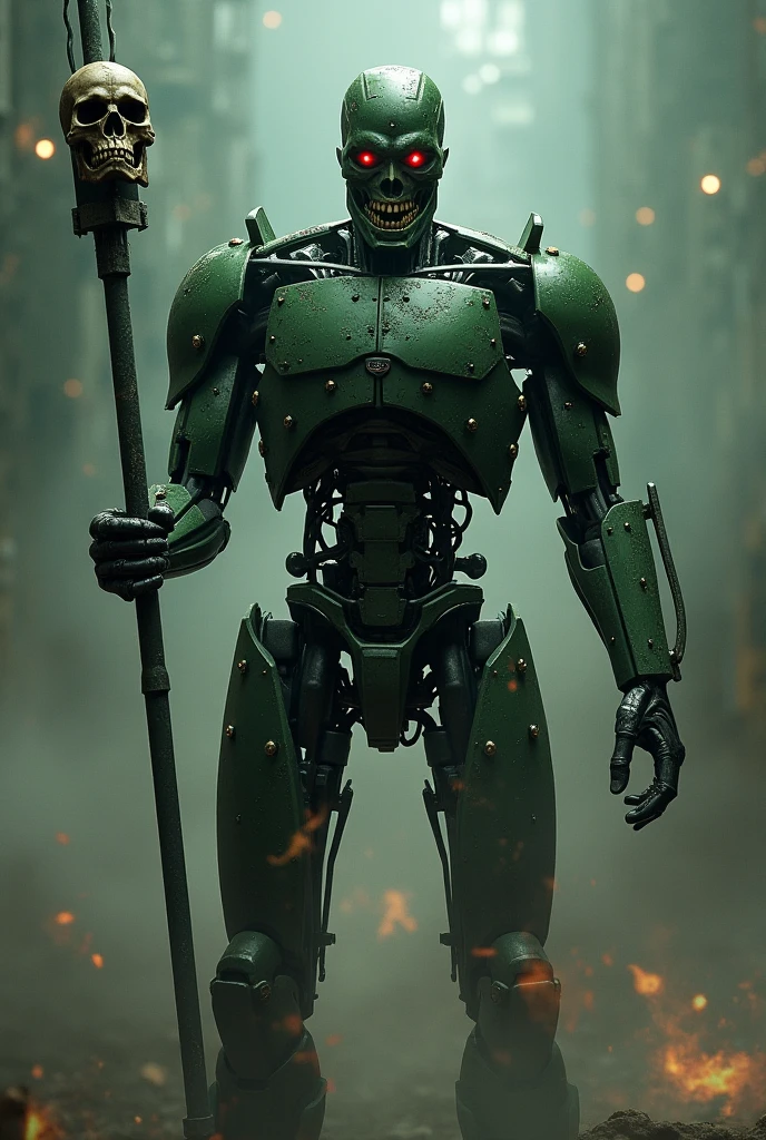 Humanoid monster resembling the living dead. He is missing an arm and a leg and they have been replaced by mechanical prostheses.. His clothes are torn. Part of his face is disfigured and the other part is made up of mechanical elements. He is on a deserted, rainy street and it is dark