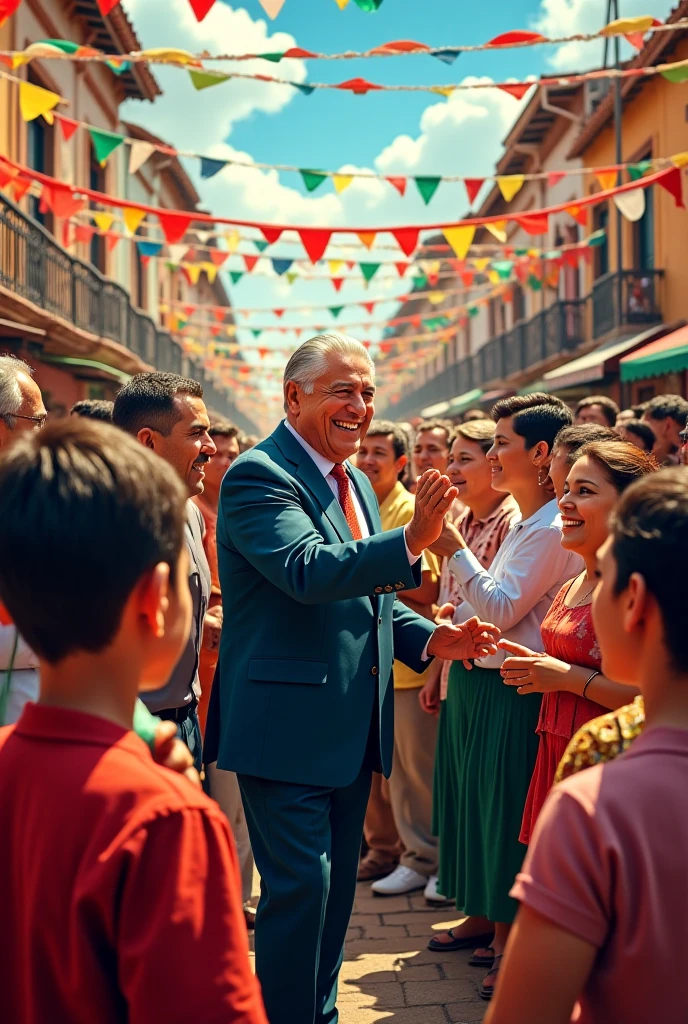 Mustafa Kemal Atatürk hugs children in front of İzmir clock tower in Konak around hundreds of flowers , and happy people smiling to them