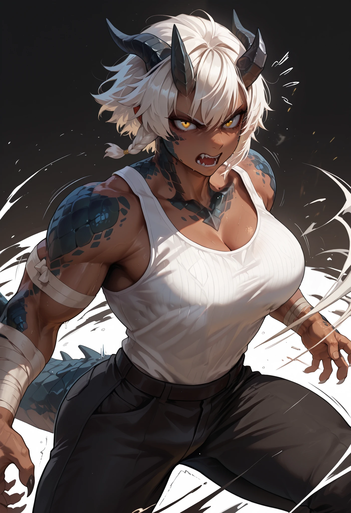 muscular creature, dark horns, dark scales, yellow eyes, short spiky white hair, short hair, angry, dark scales, wrapping her hair, pants, humanoid arms with sharp claws and scales, scales on arms and legs, calm pose, athletic, dark skin tone, in motion, motion lines, attacking the viewer BREAK background is simple and muted, with a gradient effect and soft, neutral tones.